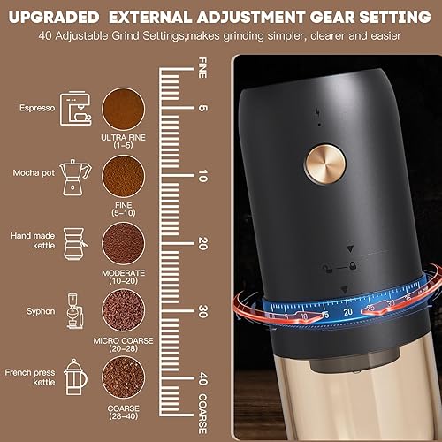 Miniatura 2 de Molinillo de café eléctrico portátil, mejorado externo ajustable 40 niveles de ajuste fino a grueso, rebabas cónicas de acero inoxidable recargables
