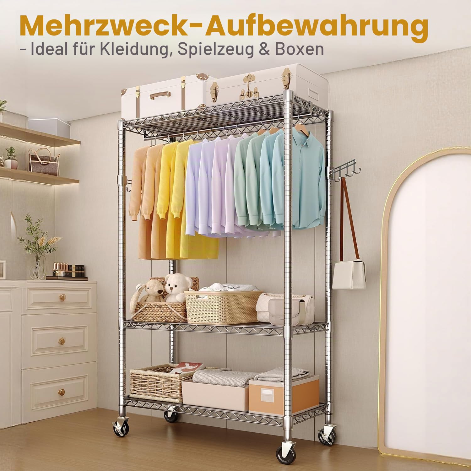 GarveeHome Robuster rollbarer Kleiderständer, Traglast 314 kg zum Aufhängen von Kleidung, freistehender Schrank-Organizer und Aufbewahrung, Kleiderständer mit Rollen, Stangen, Seitenhaken