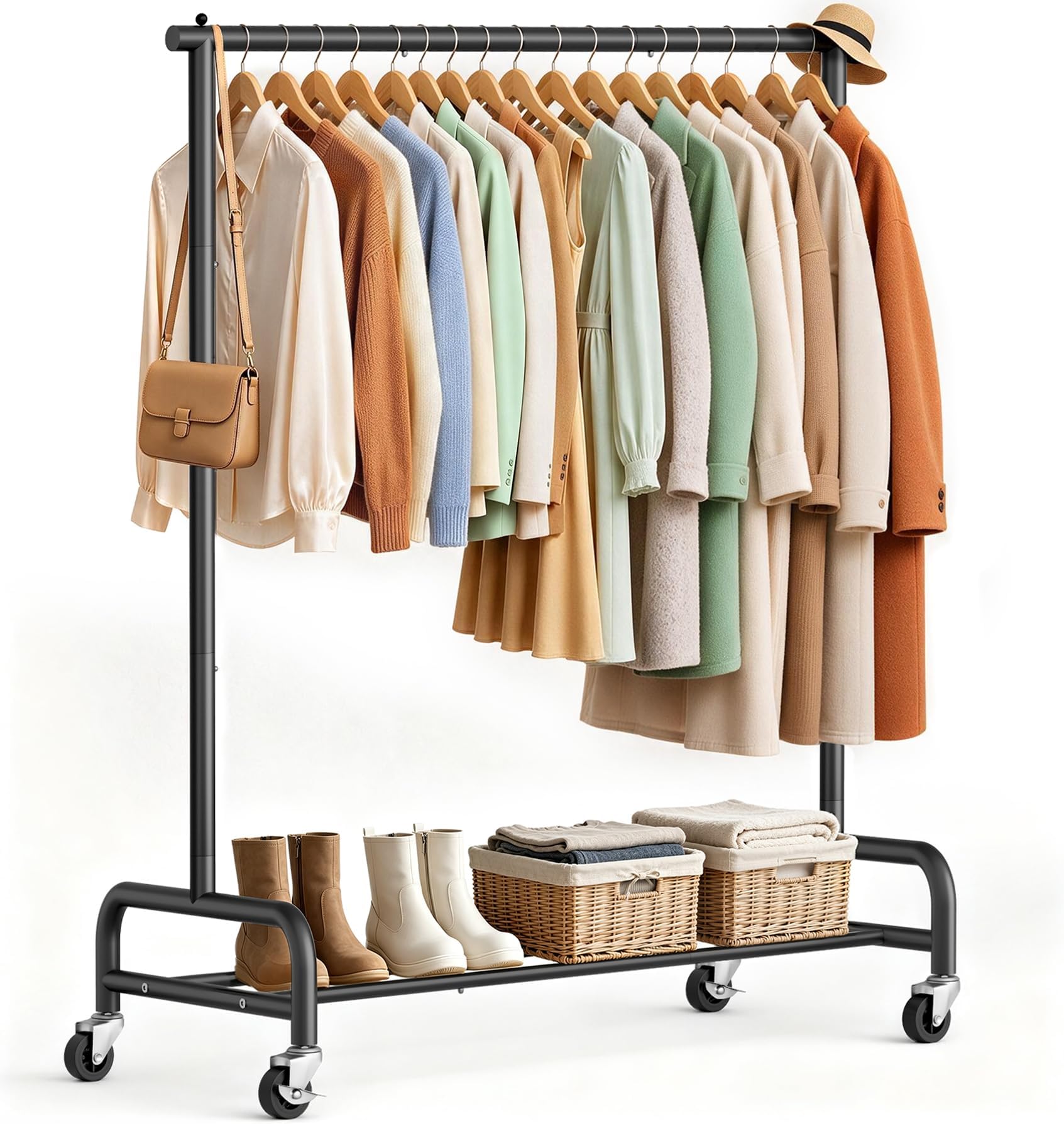 SLEEPING LAMB Heavy Duty Clothing Racks for Hanging Clothes Rack, 43" Wide Rolling Garment Rack Metal Clothing Hanger Rack with Wheels Wardrobe Rack for Coats, Shirts, Dress, (Black)
