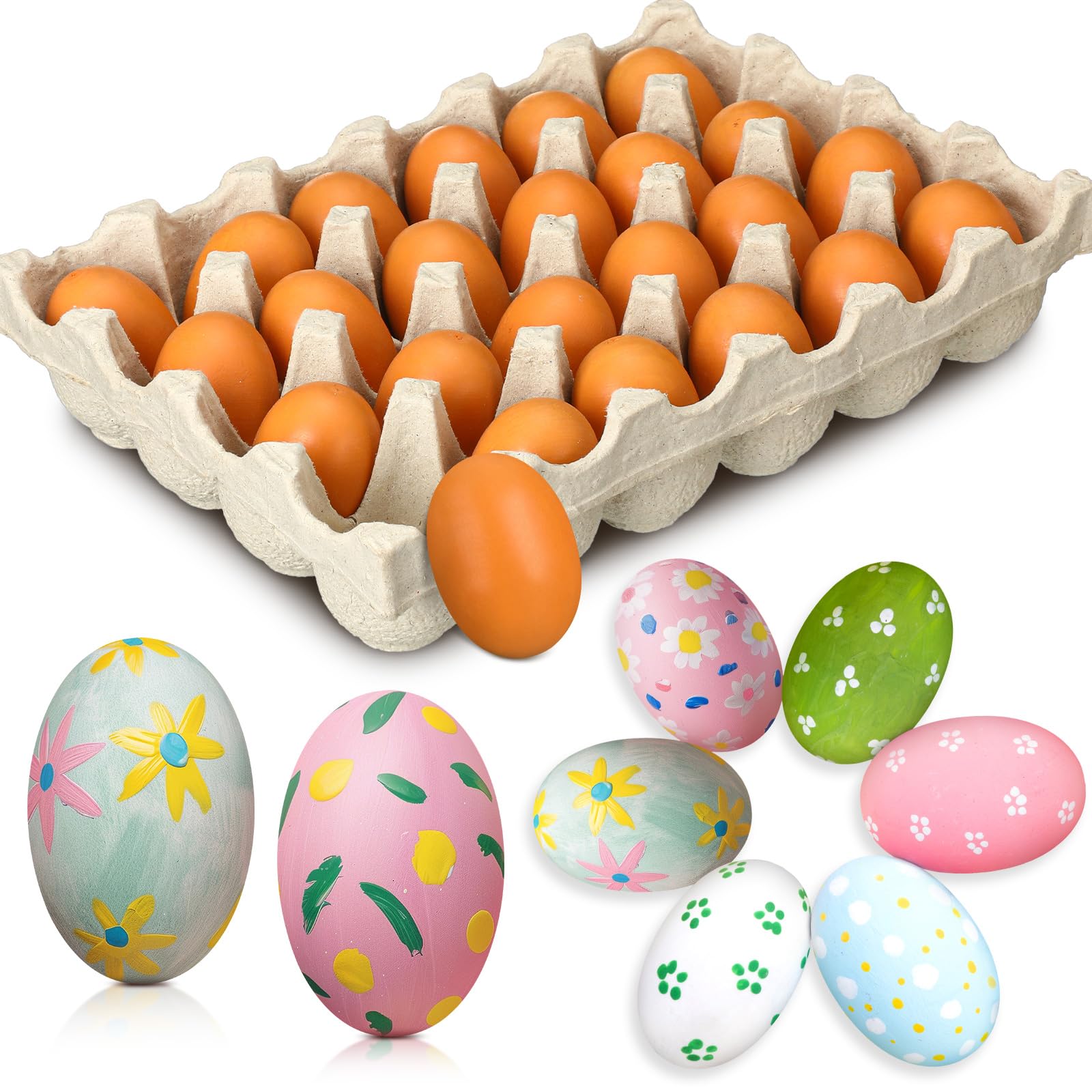 Cinnvoice 24 Pcs Easter Wooden Eggs with Natural Pulp Cartons Paintable Wood Fake Eggs for Easter Hunting Basket Stuffer Party Favor Kitchen Play and Room Decorating(Brown)