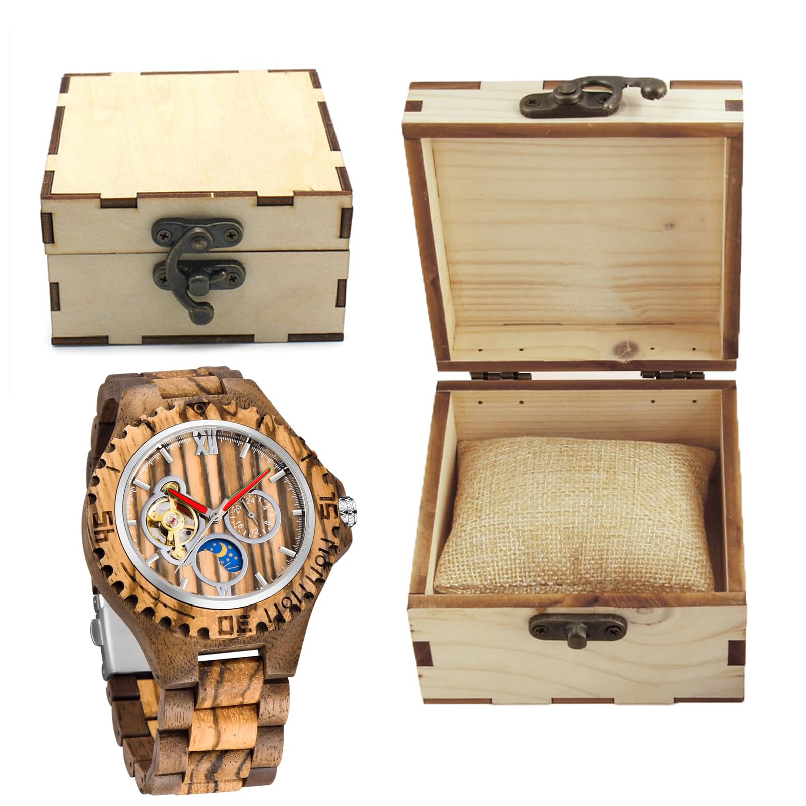 Tiong Orologio da uomo in legno, meccanico, scheletro, movimento automatico, Mwd-03moon, Retrò | Orologio da uomo retrò leggero con scatola regalo in legno, classico orologio in legno come regalo per uomini