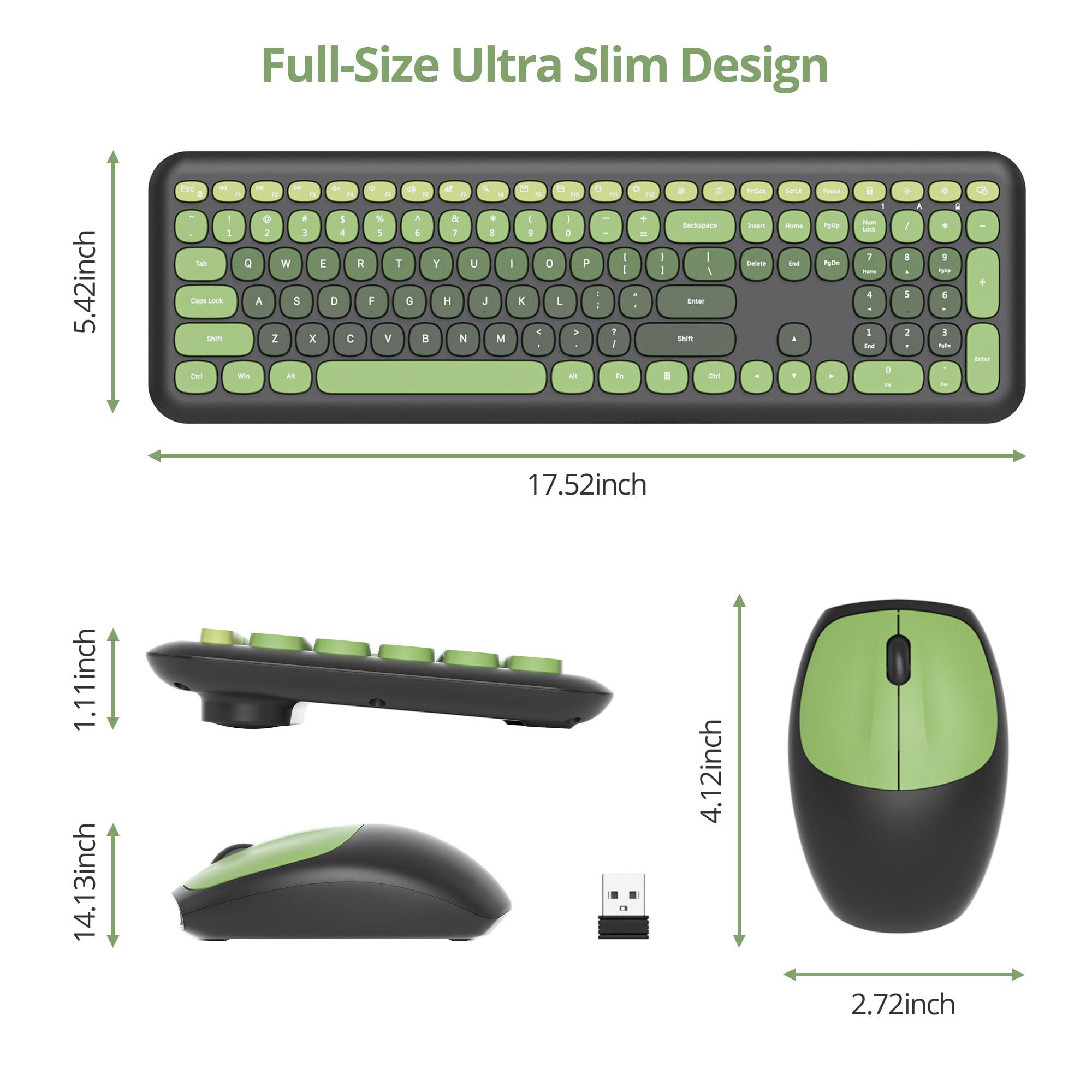 SOLIDEE Combo Tastiera e Mouse Wireless Colorato,Tastiera Retro per Macchina da Scrivere 2.4GHz,104 Tasti con Tastierino Numerico,Tastiera a Membrana Silenziosa(Americana QWERTY)(DarkGreen Gradient)
