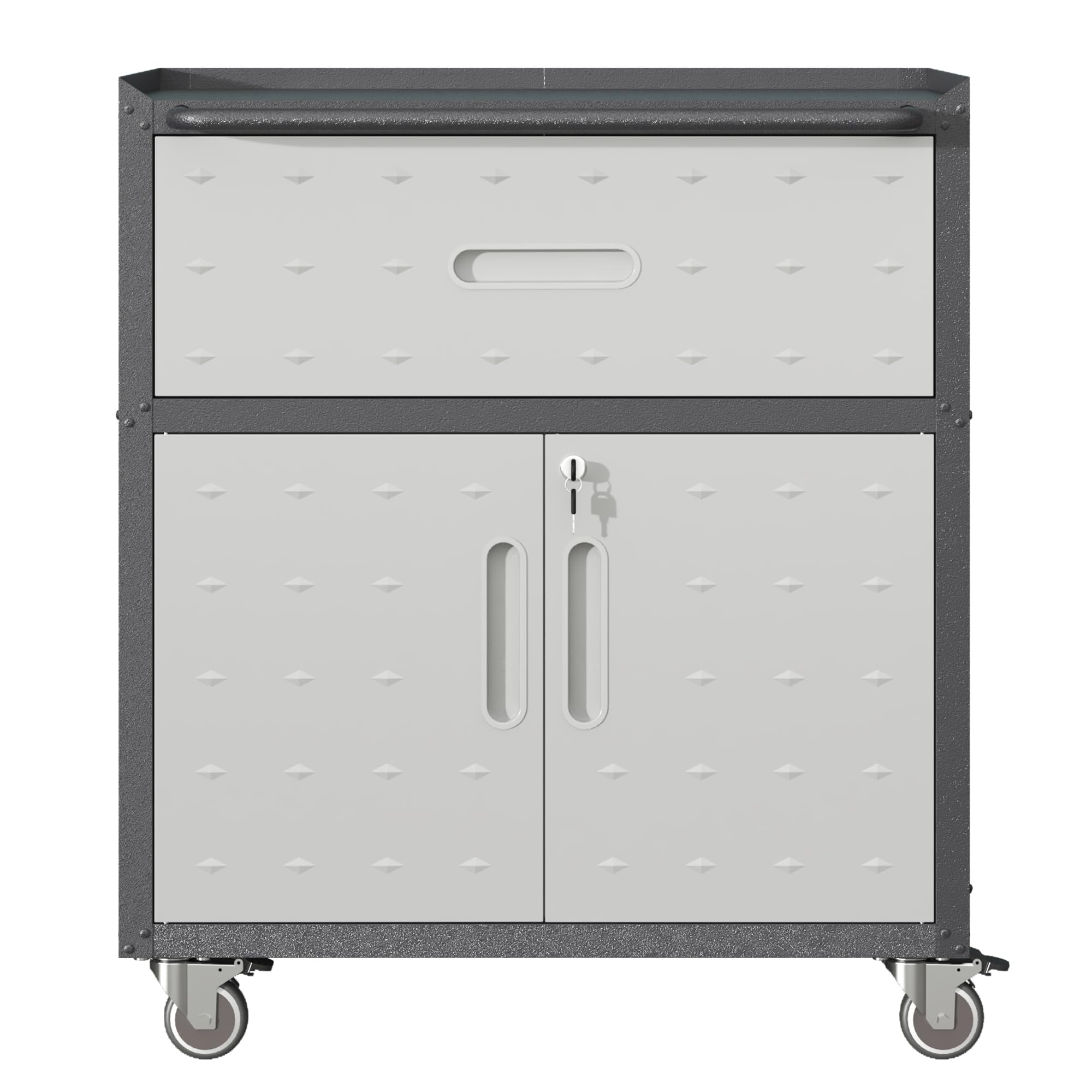 Sturdy and Durable Metal Tool Cabinet for Garage with Wheels - Mobile Heavy-Duty Rolling Tool Storage Cabinet with 1 Drawer and 2 Locking Doors, Black and Gray