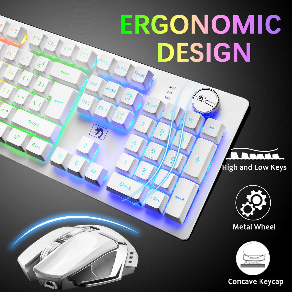 FELiCON x MAMBASNAKE K620 Tastiera da Gioco Wireless e Mouse Combo, Ricaricabile 4800mAh Semi-Mechanical Gaming Keyboard, 16 RGB Illuminato, QWERTY+2400 DPI 2.4G Wireless Gaming Mice per PC Mac-Bianco