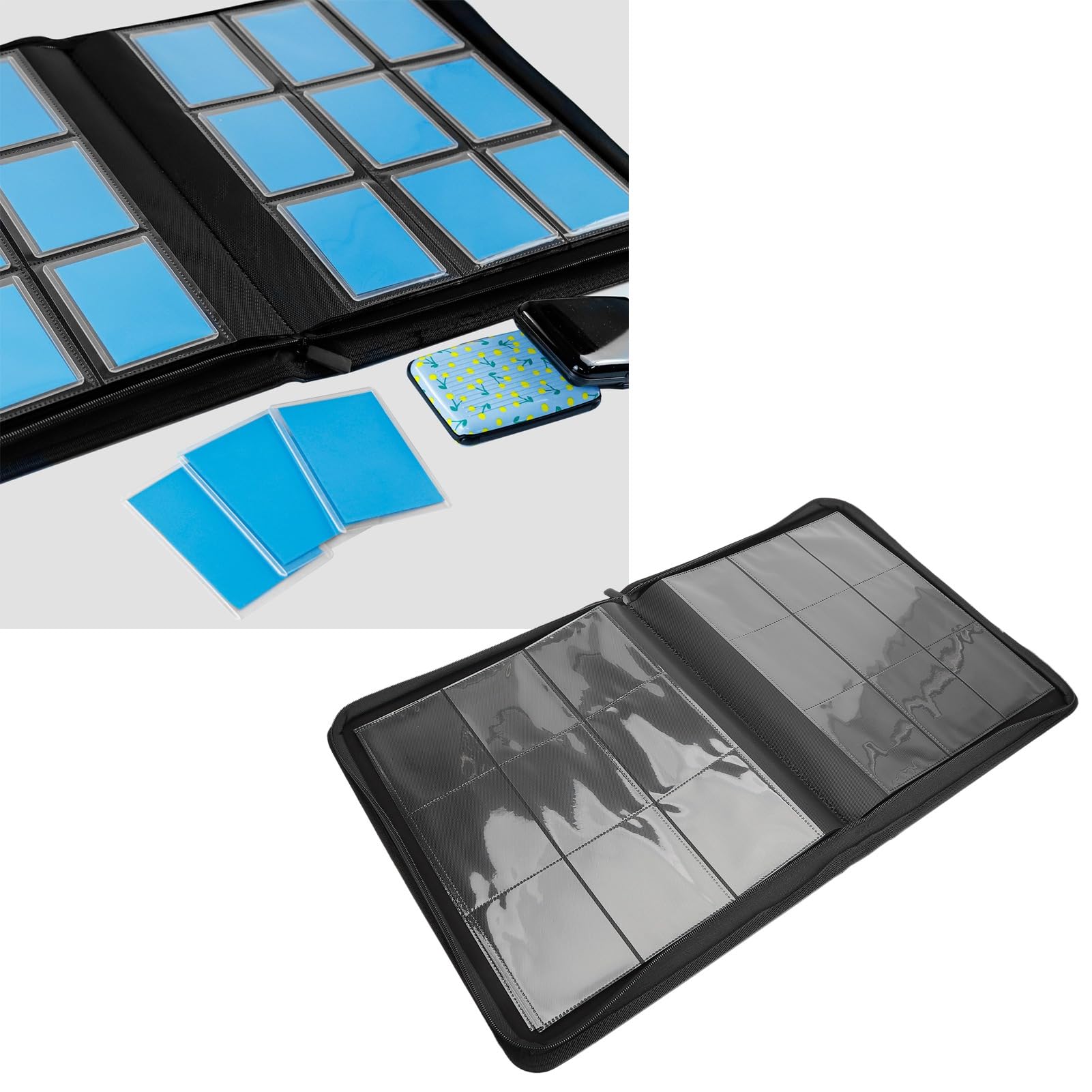 Carpeta con bolsillo para tarjetas Material de PU de primera calidad Diseño de 9 cuadrículas 216 ranuras para tarjetas Fundas de PP impermeables Cierre de cremallera para