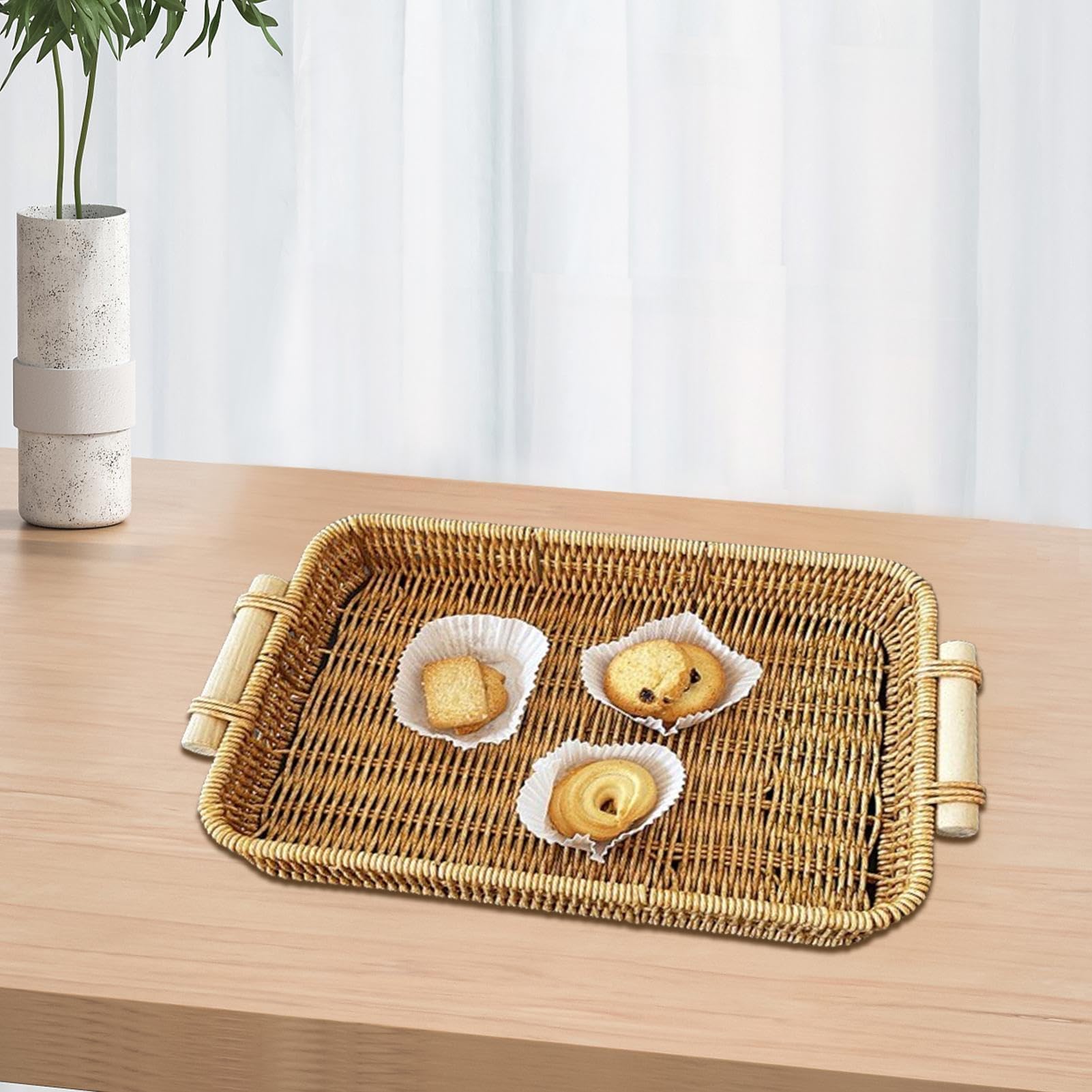 Bandeja de ratán para servir, cesta de mimbre tejida a mano con asas de madera, bandeja rectangular para exhibición de alimentos, mesa de café y tocador de baño, decoración del hogar