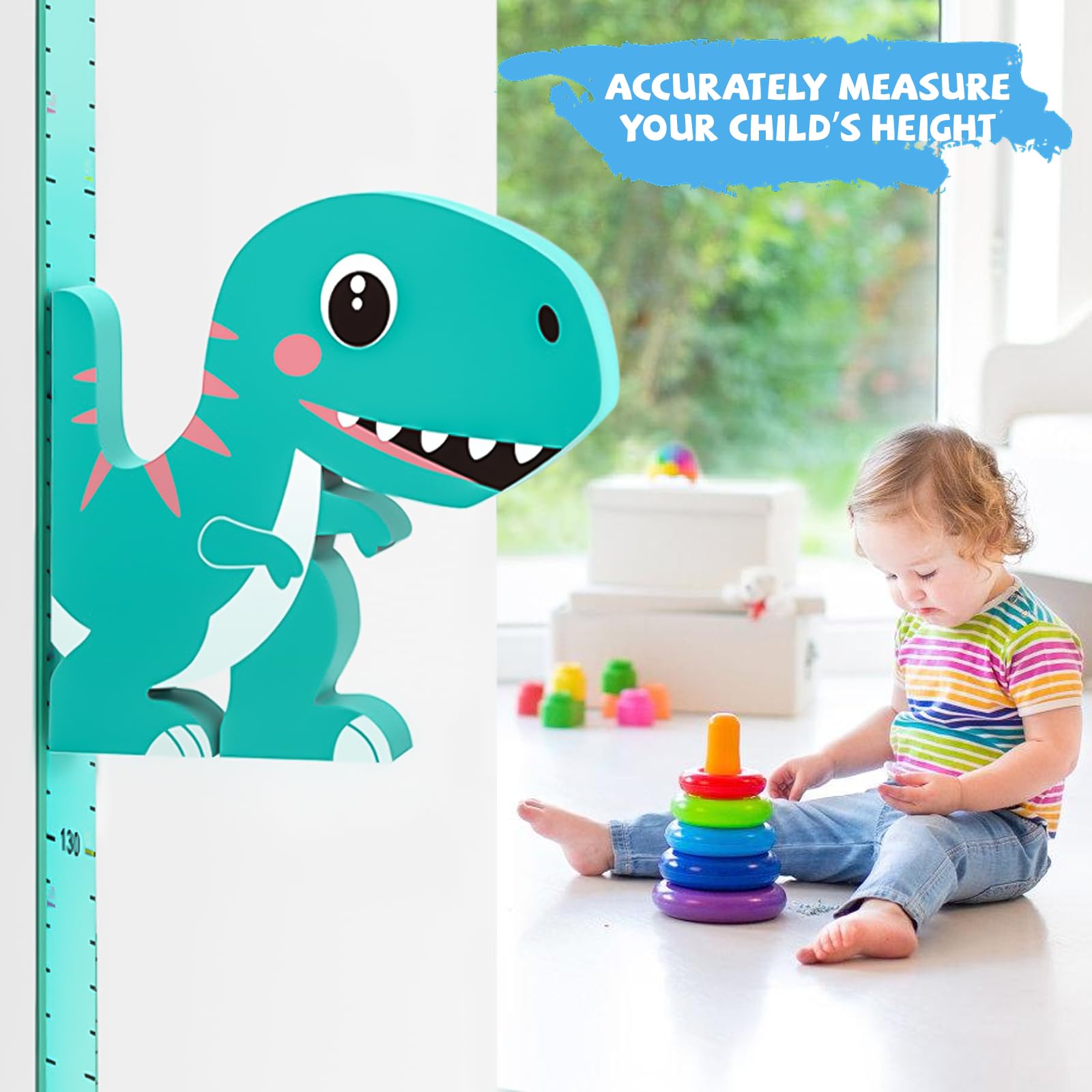 Tabella di misurazione altezza bambino: altimetro dinosauro 3D con penna lavagna bianca e metro a nastro
