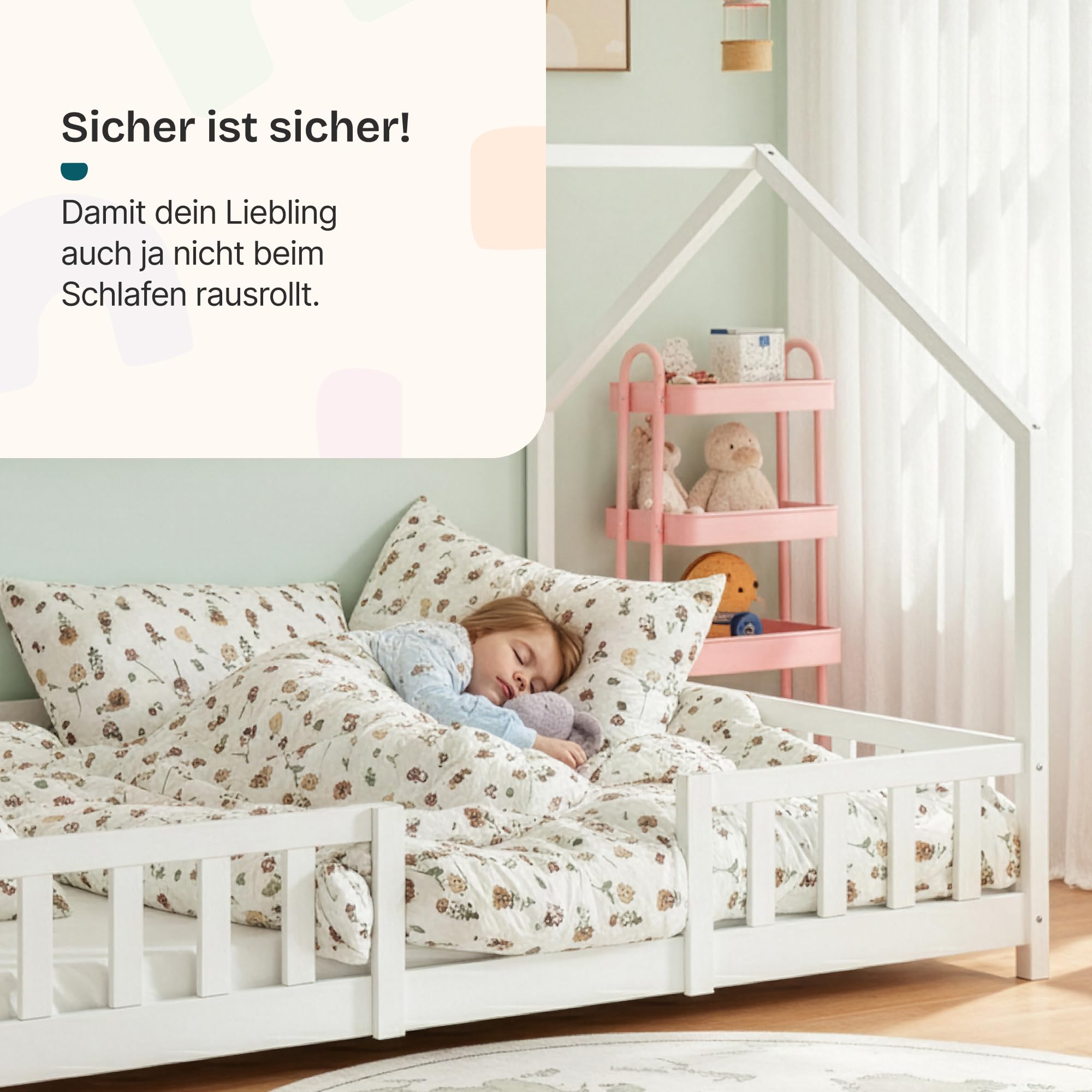 Kinderbett Sisimiut Hausbett Montessori 140 x 200 cm mit Rausfallschutz Holzbett Kiefernholz Weiß matt