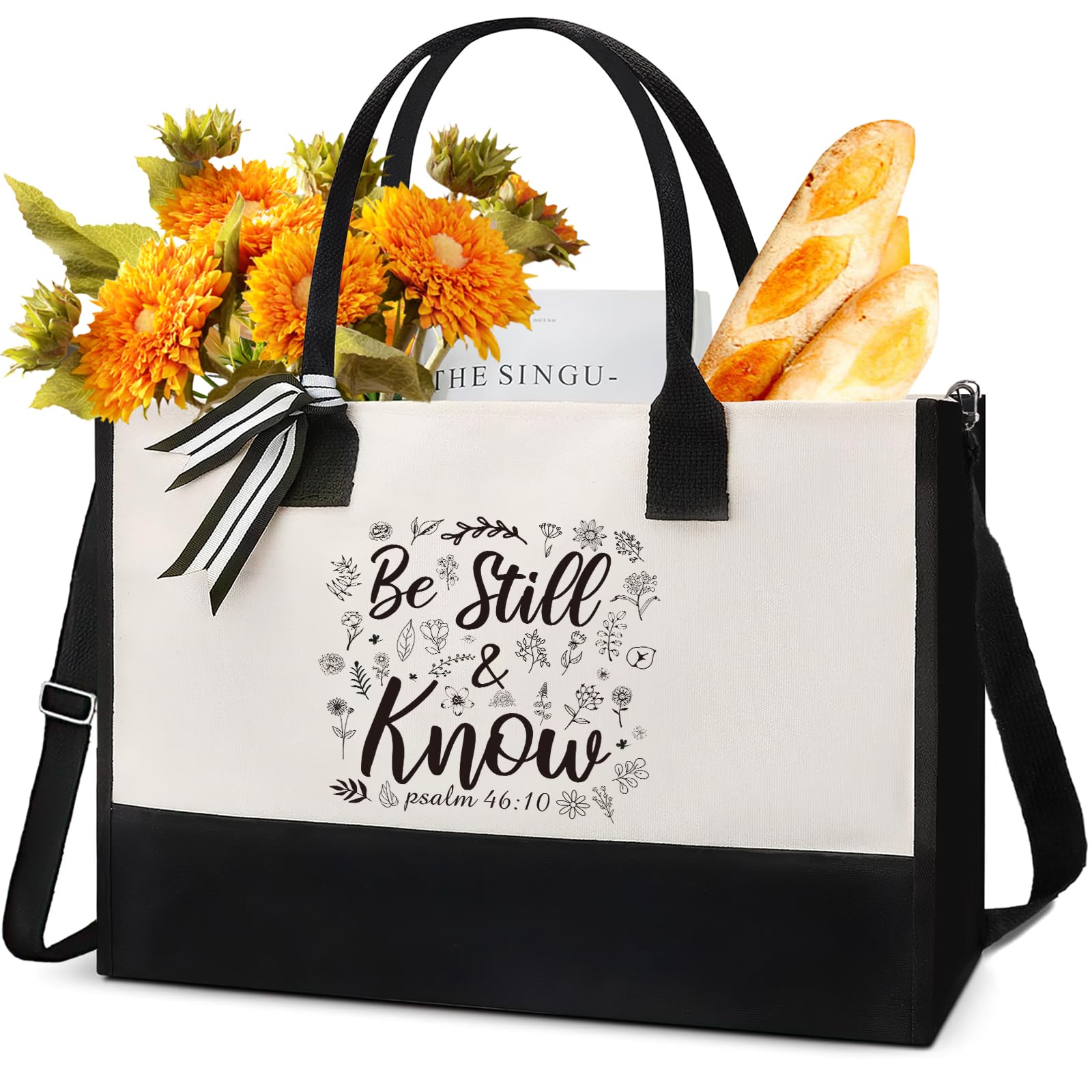 VeloKomo Christian Canvas Tote Bag - Bible Verse Gifts Bags Be Still and Know Bible Floral Canvas Bags Beach Bag with Zipper Gifts Personalized