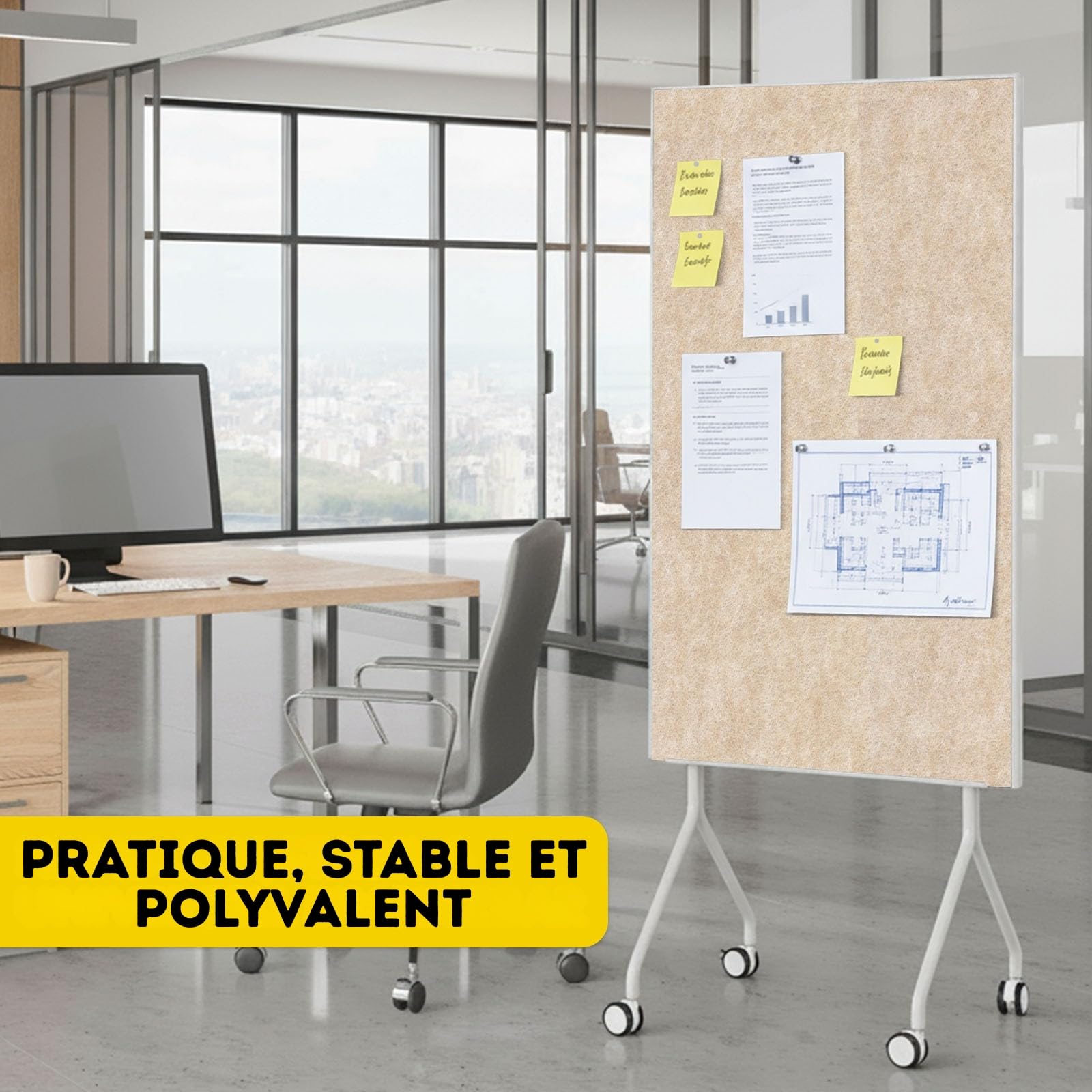 Tableau de présentation Mobile Giant - Tableau Feutre Double Face 80 x 120 cm avec roulettes verrouillables et Rangement - Disponible en Plusieurs Couleurs, 80 x 168,4 cm (H) (Beige)