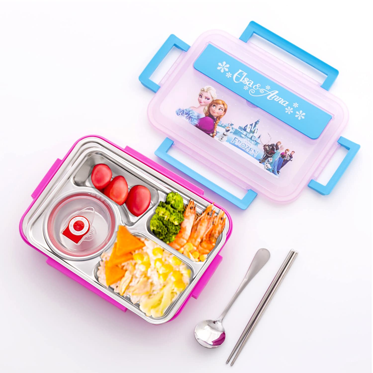 VUCATIN 1100 ML Bento Lunch Boxes For Kids Childrens, Toddlers with 4 Compartments Food Storage Container, Leak proof Tableware Set, Food Storage Dishwasher Safe SS Fork & Spoon… (Princess)