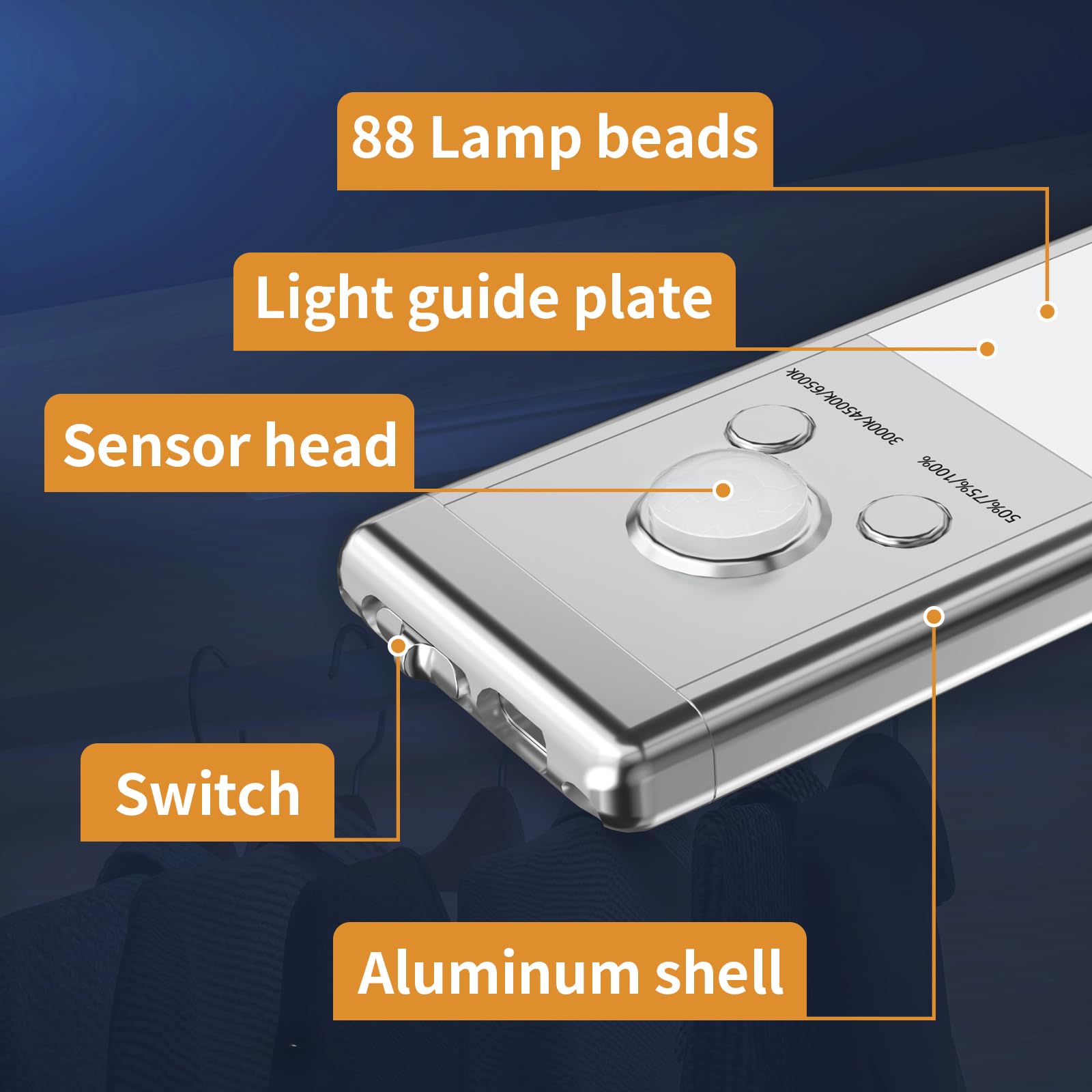 Unterschrankleuchten, 88 LED-betriebene Bewegungsmelder-Lichter für den Innenbereich, 2200 mAh über USB wiederaufladbar, 4 Stück, magnetische, dimmbare Schrankleuchten, kabellose Unterbauleuchten für