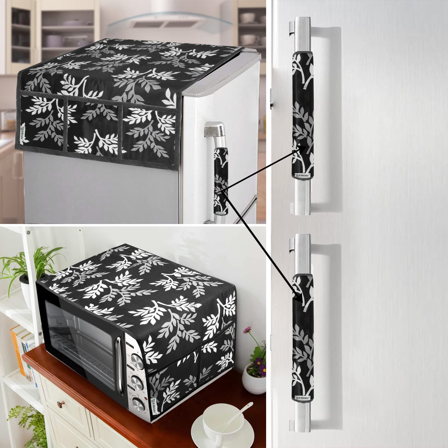 E-Retailer® Exclusive 3-Layered Polyester Combo Set of Appliances Cover (1 Pc. of Fridge Top Cover, 2 Pc Handle Cover and 1 Pc. of Microwave Oven Top Cover) (Color-Black Leaf, Set Contains-4 Pcs.)