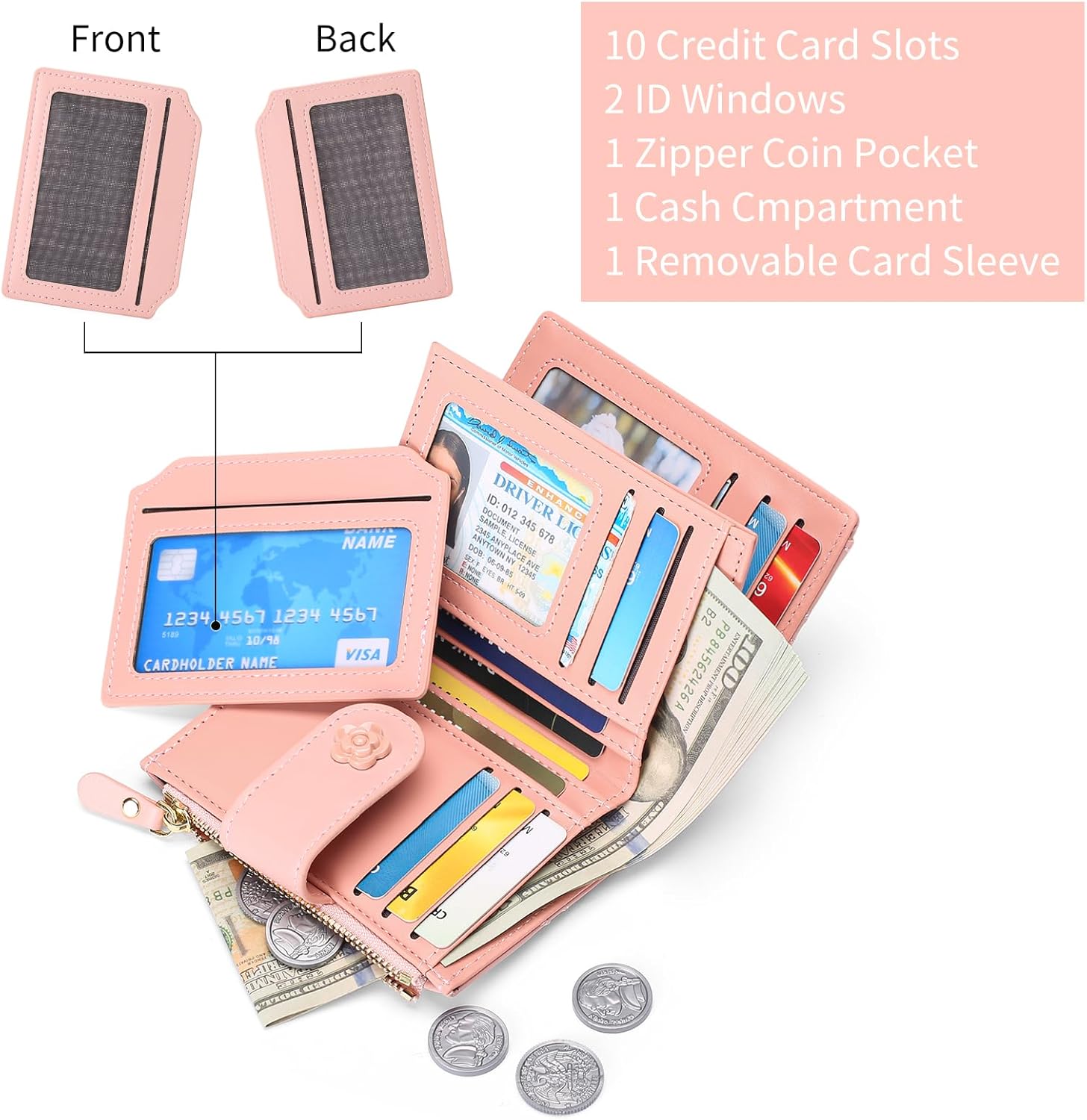 Small Wallets for Women Leather Bifold Wallet Women RFID Blocking Purse Credit Card Holder with 15 Card Slots and ID Window Coin Pocket - Image 2