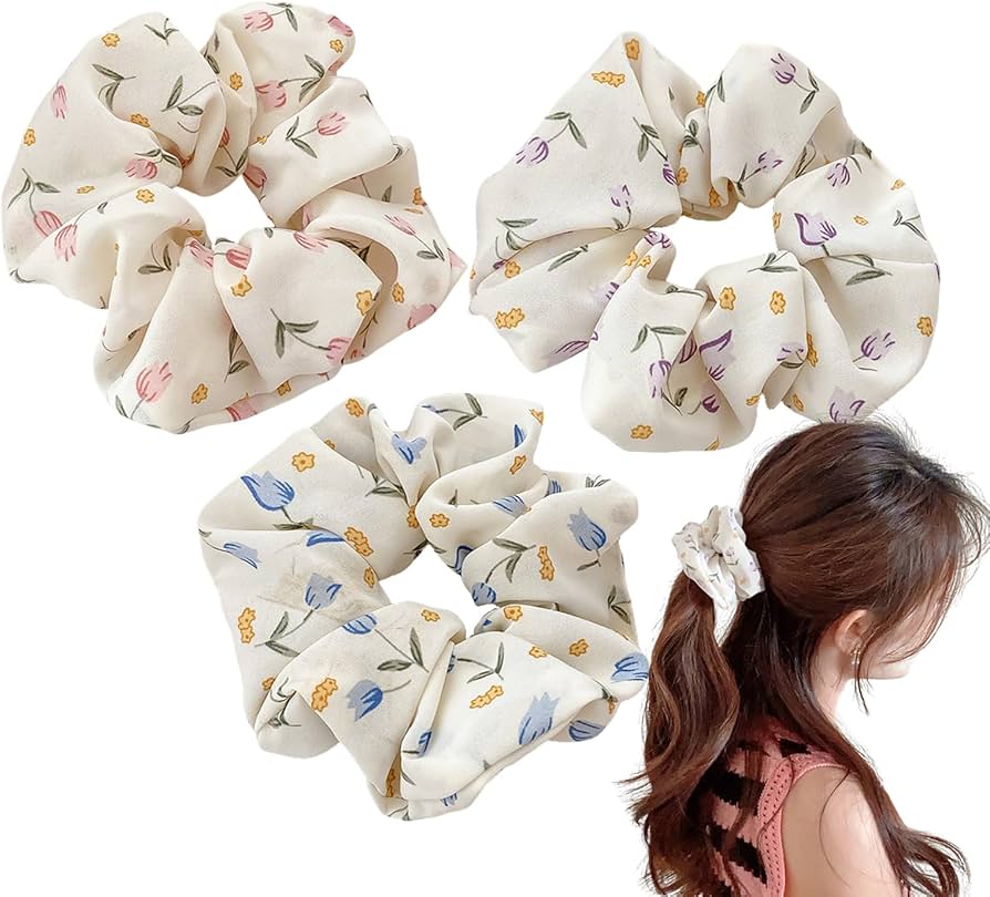 Amazon | shefun シュシュ 大人 サテン 白 花柄 チューリップ 3本