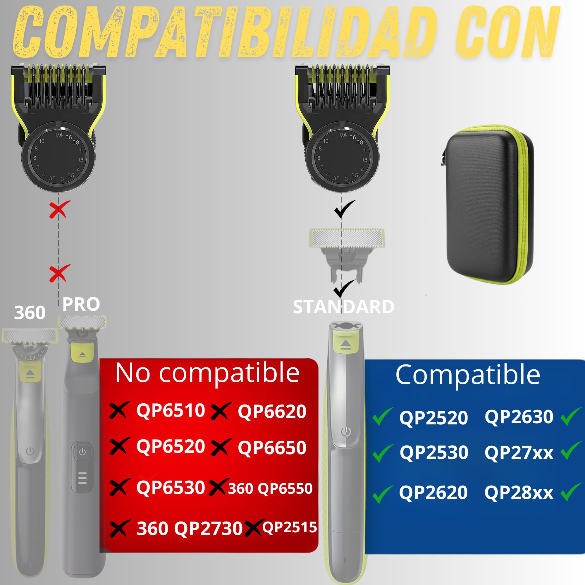 Peine auténtico para Cuchillas One Blade QP2520, QP2530, QP2620, QP2630, QP27xx, QP28xx, con Protector de Piel, Peine Cuerpo, Cepillo (Estuche + Peine de 14 Posiciones)