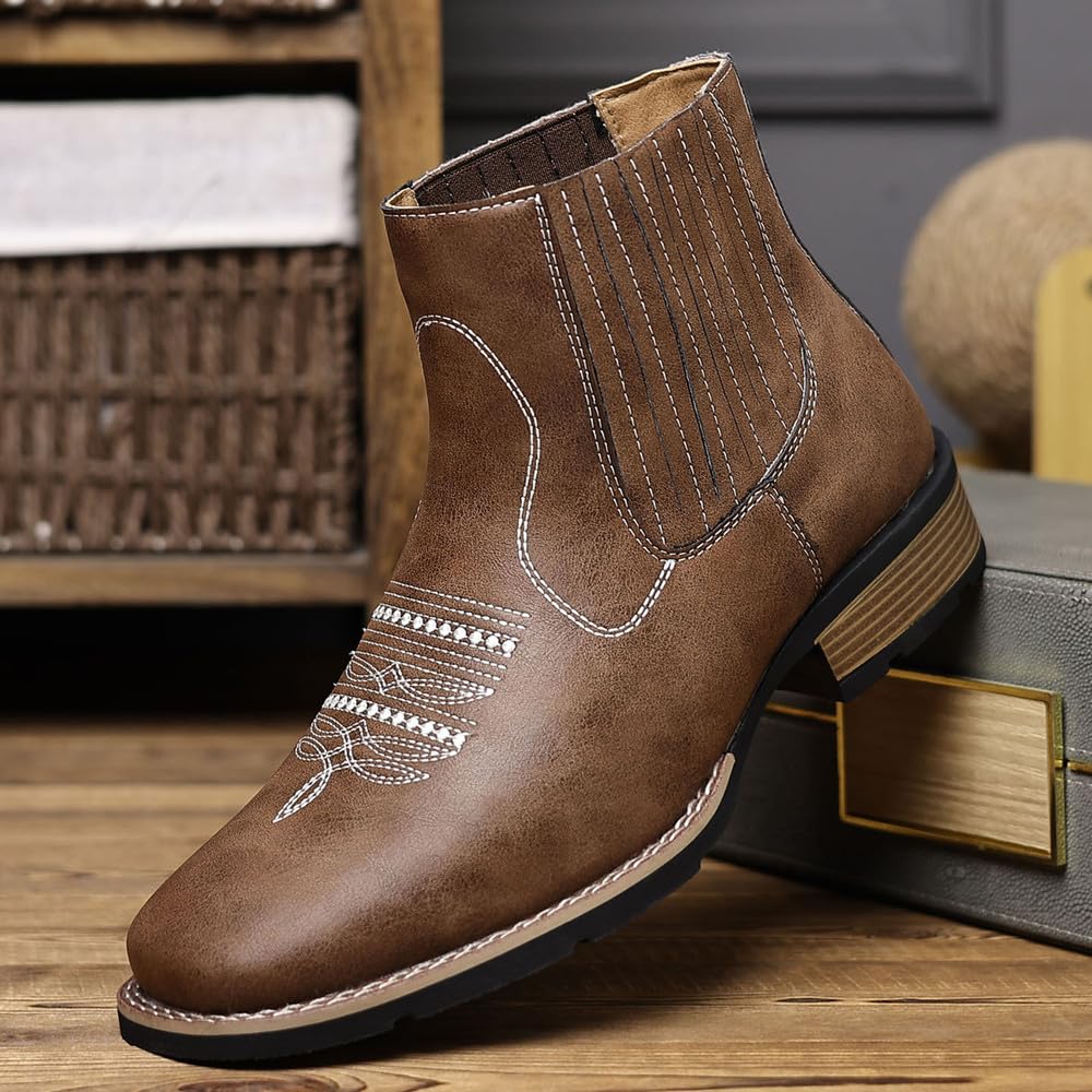 Kowbojskie buty męskie zachodnie skóra PU Chelsea wsuwane okrągłe noski haft retro klasyczny styl ranczo wygodne trwałe moda na co dzień praca