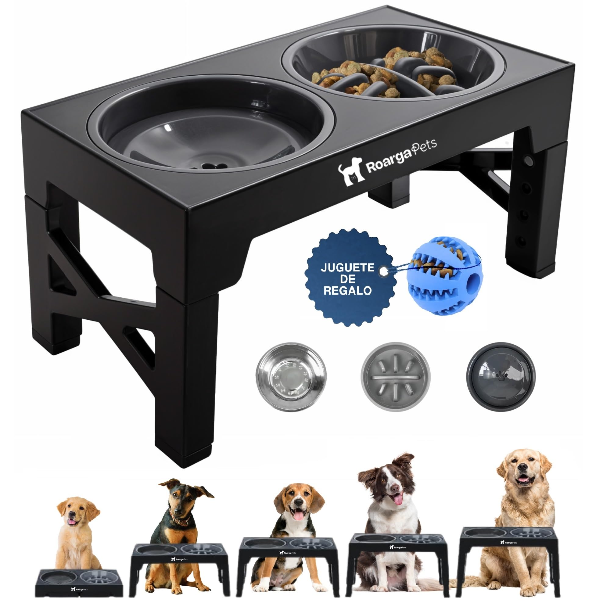 ROARGA PETS Comedero Perro Elevado y Bebedero Antigoteo Perros Ajustable Bebedero Perro Cuenco Perro Acero Inoxidable 1200ML Comedero Perro Antivoracidad Bebedero Perro Antigoteo Juguete Regalo