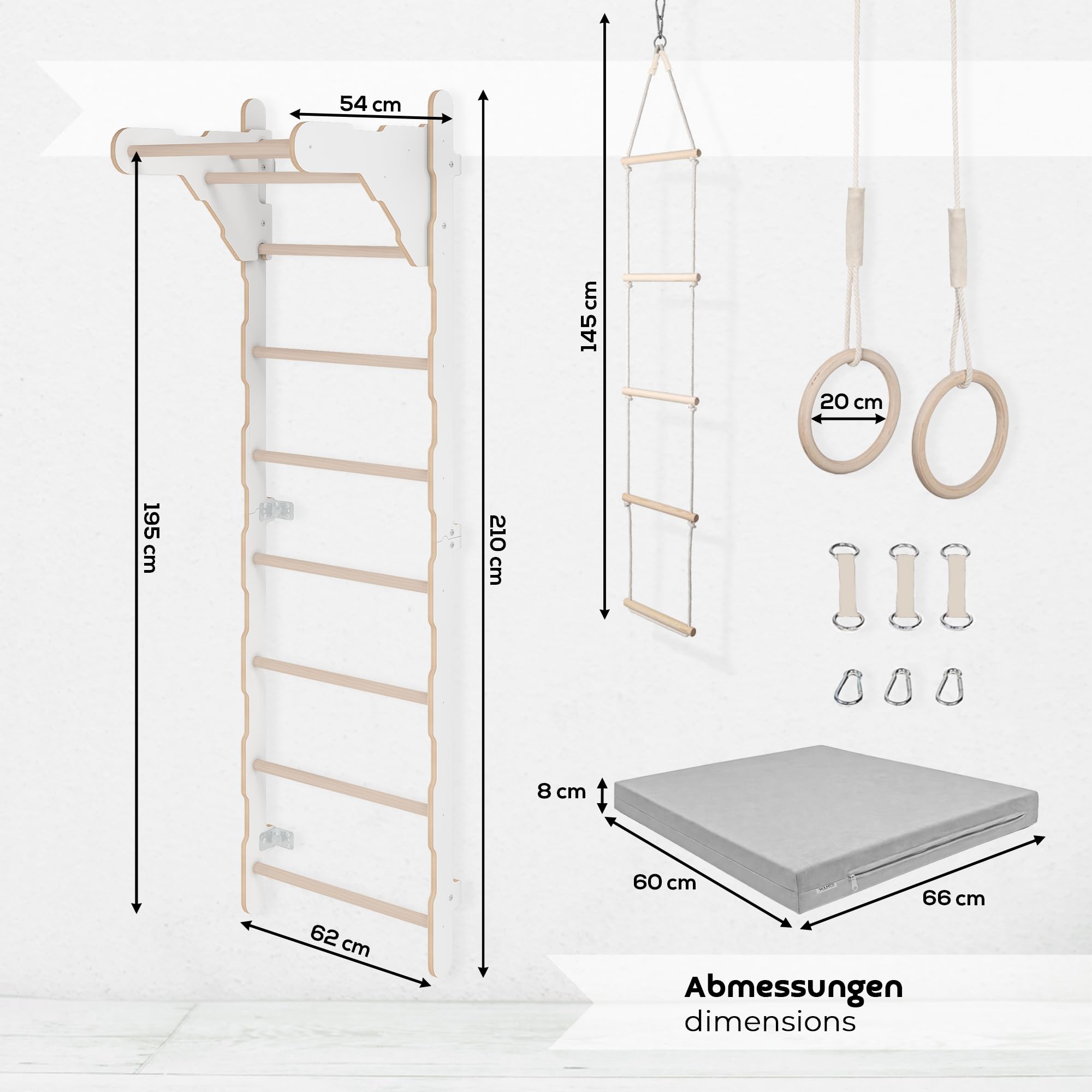 Gymnastik-Sprossenwand für Kinder (210 cm) | Wandmontierte Trainingsleiter | Strickleiter für Kinder |Holz-Spielplatz für Zuhause | Turnringe | 100% Öko | Hergestellt in der EU