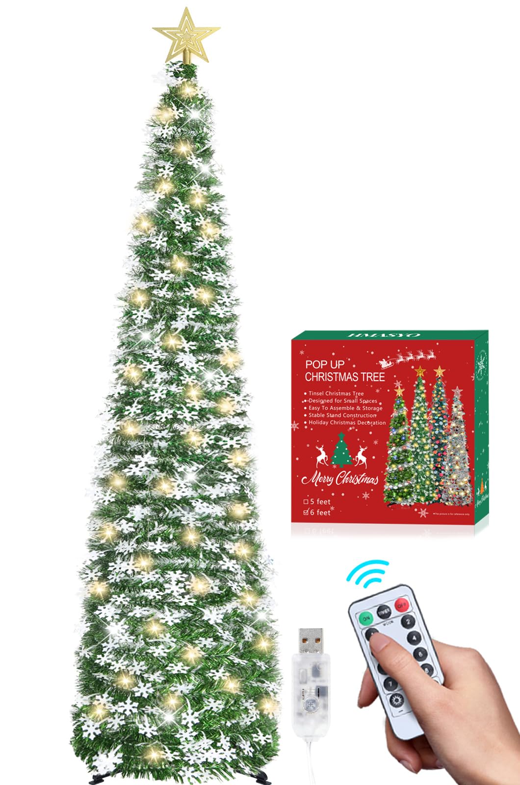 HMASYO Árbol de Navidad de oropel desplegable de 6 pies con 100 luces LED de temporizador y control remoto, árbol artificial plegable verde con adornos de copo de nieve, decoración de Navidad para el