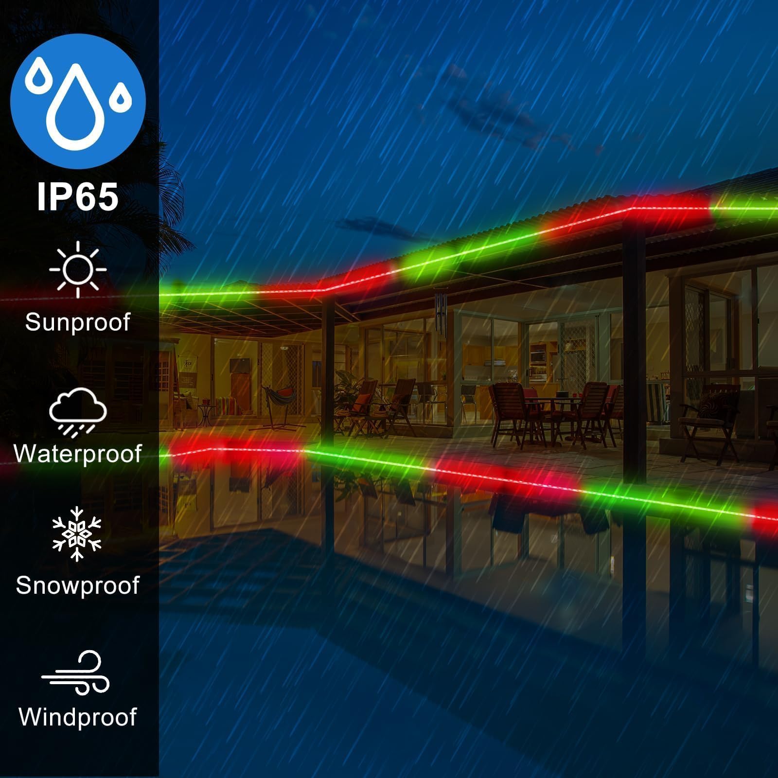 Tira de luces de Navidad para exteriores, 50 pies, 600 luces LED rojas y verdes, tubo de luz impermeable enchufable en 8 modos de memoria, luces de Navidad permanentes para decoración de la