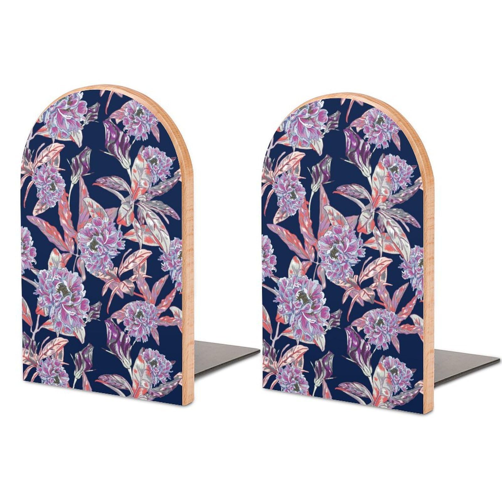 Seamless Vintage Vector Peony Pattern Beech Wood Bookends Heavy Duty Book Organizers Desktop File Holder for Office Home Bookshelf
