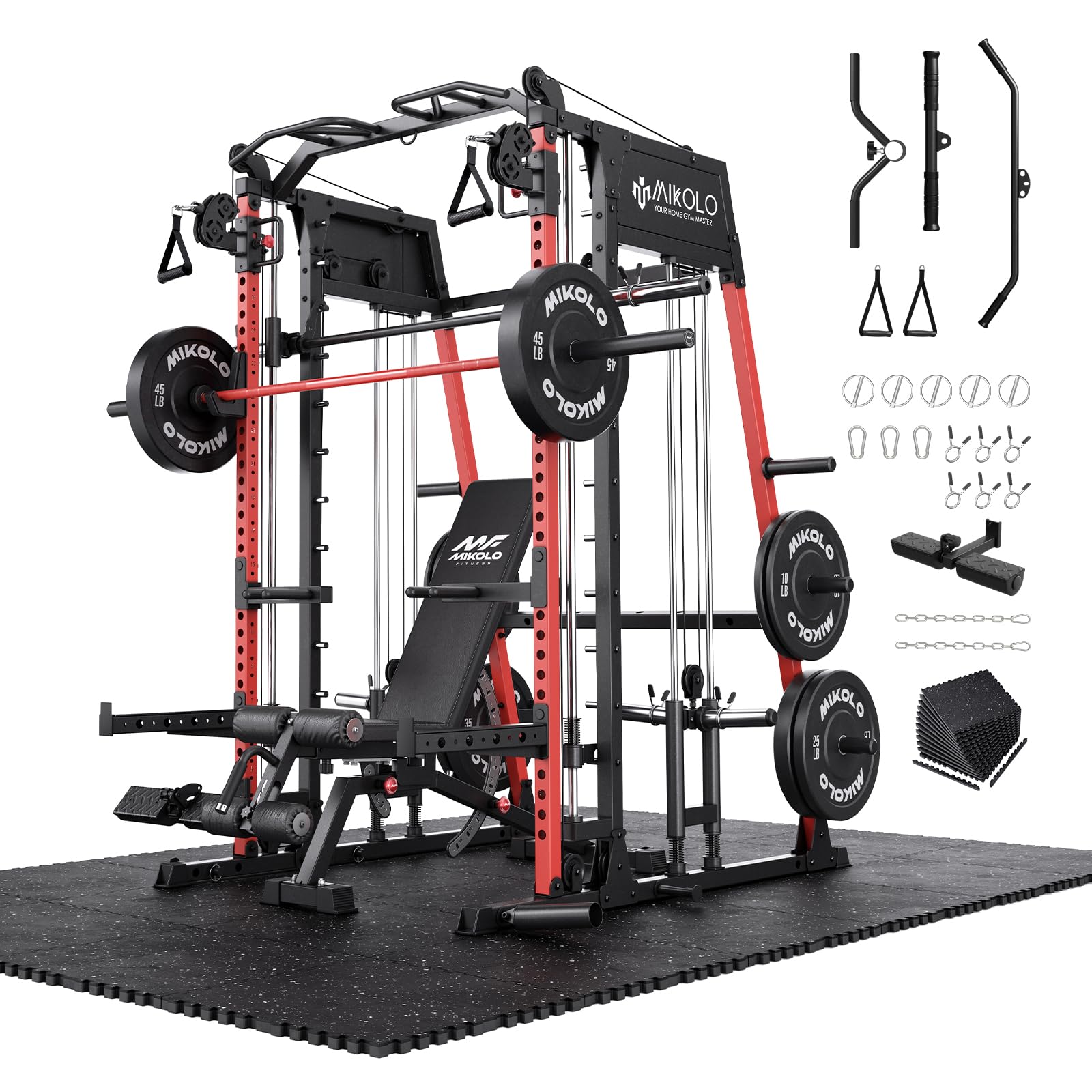 Mikolo M4 2.0 Smith Machine, 2200lbs Squat Rack with LAT-Pull Down System &amp; Cable Crossover Machine, Training Equipment with Leg Hold-Down Attachment