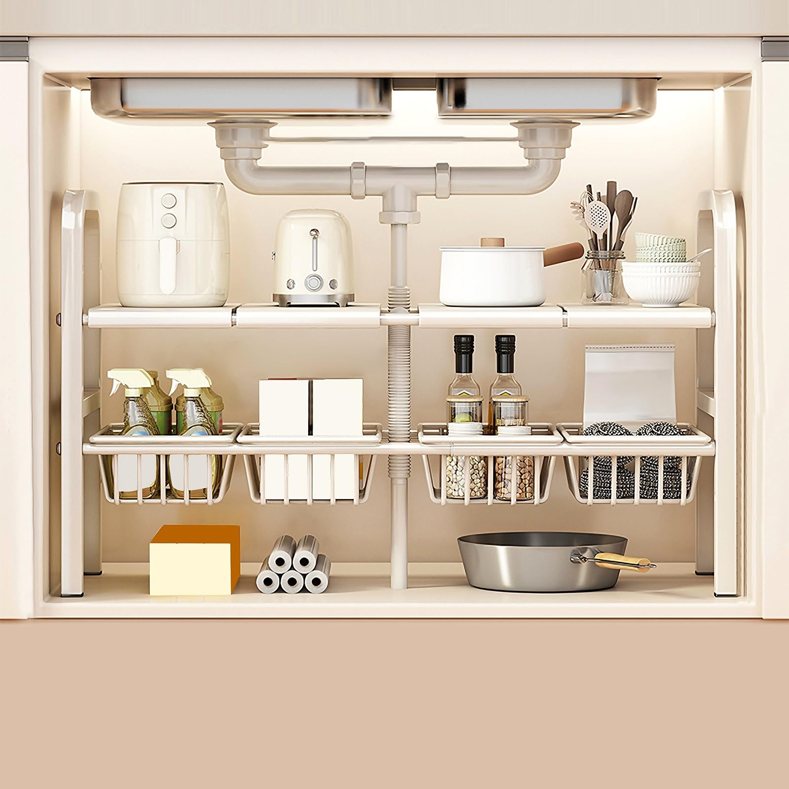 Under Sink Organizer Kitchen with Removable Shelves Retractable Dish Racks for Kitchen Counter Carbon Steel Sink Caddy for