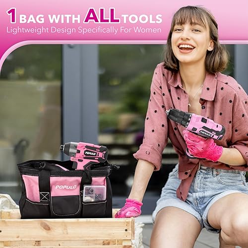 Miniatura 7 de Combo de herramientas eléctricas para el hogar rosa para mujer (3 herramientas), taladro inalámbrico ligero de 12 V con batería, destornillador de