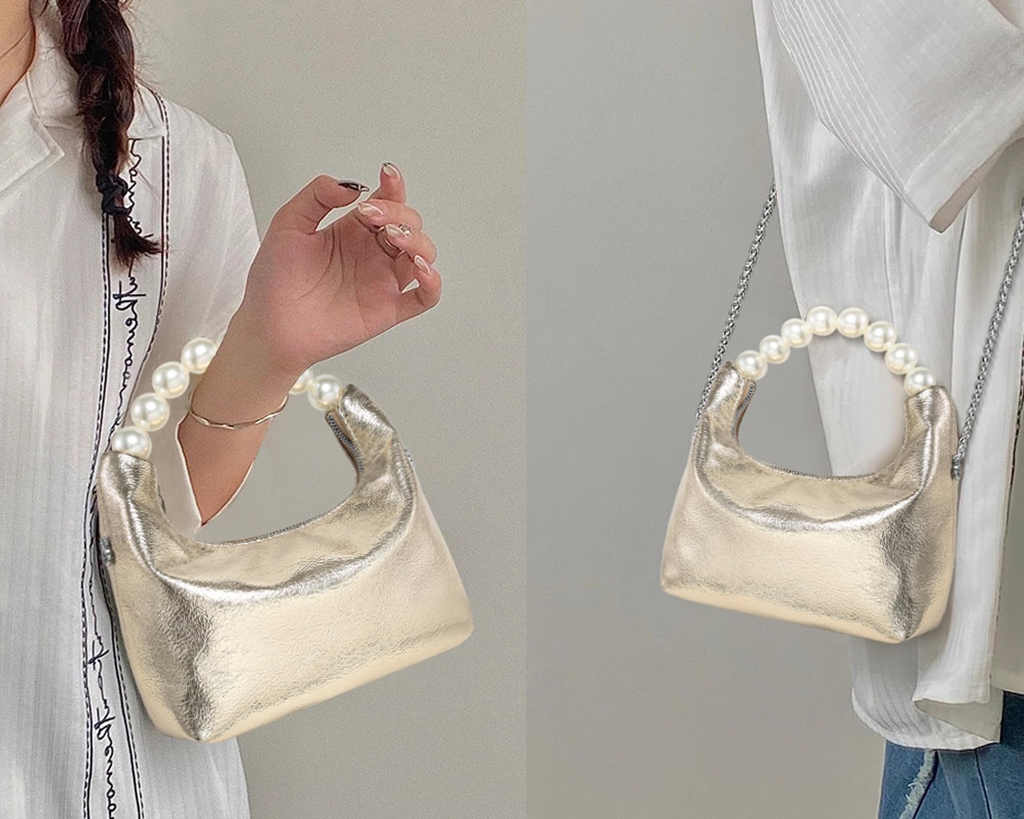 Pearl Handle Evening Clutch Purse for Women - Stylish Small Top Handle Handbags with Detachable Chain Strap for Wedding Party