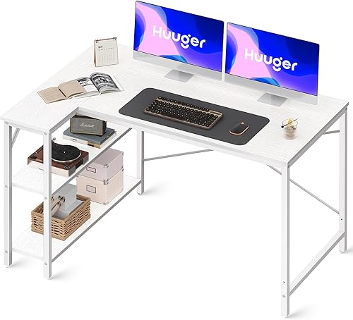 Miniatura 1 de Huuger Escritorio en forma de L, escritorio para computadora de 47 pulgadas con estantes de almacenamiento reversibles, escritorio para juegos,