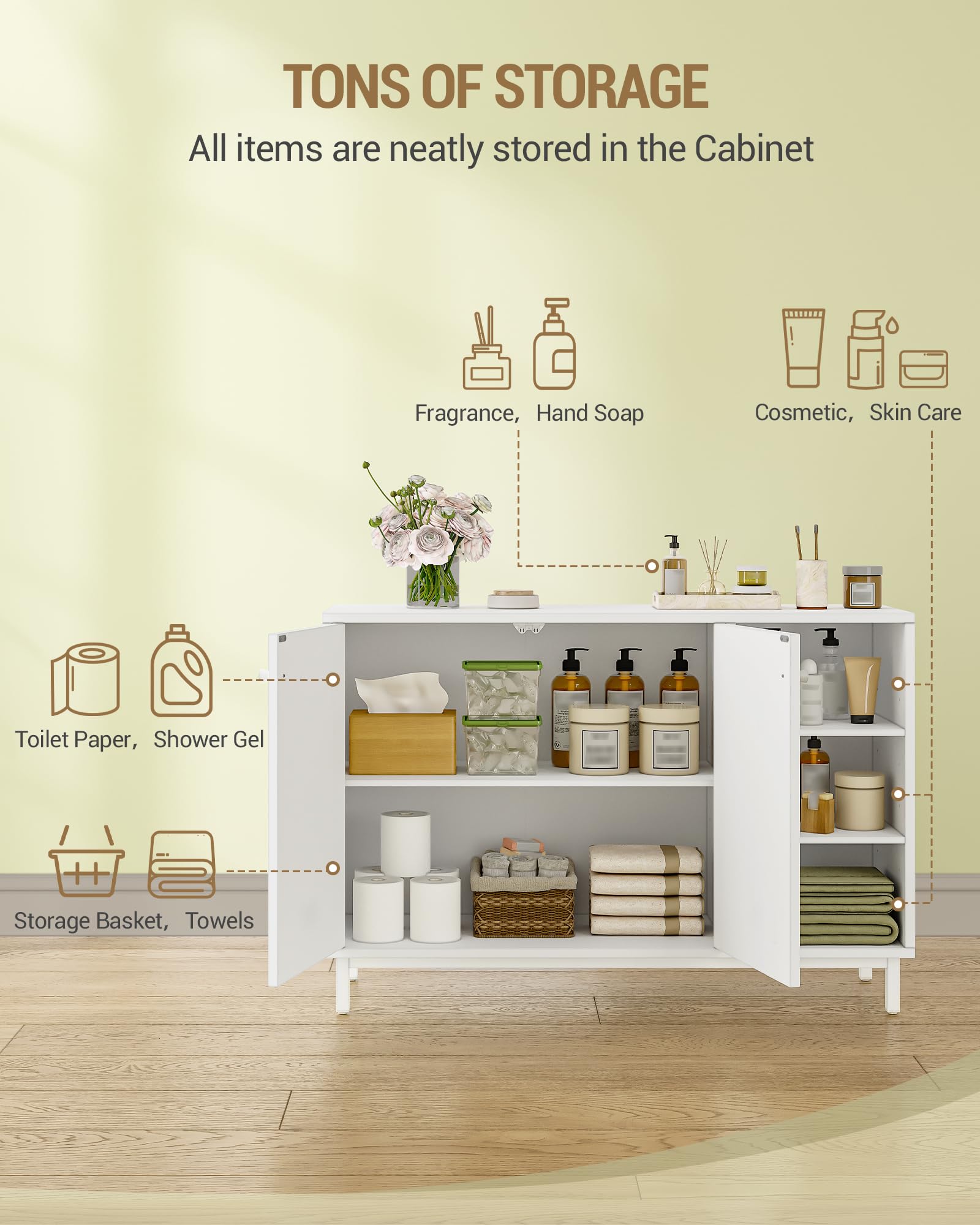 Hzuaneri Mueble de Baño, Armario de Almacenaje, con 3 Estantes Abiertos Ajustables y 2 Puertas, Gran Capacidad de Almacenaje, para Baño, Salón, Entrada, Cocina, Blanco SC10203W
