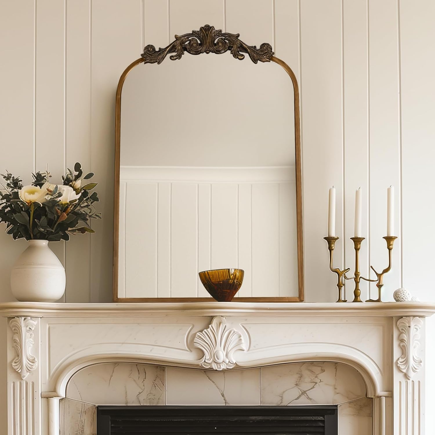 USHOWER Gold Anthropologie – Espejos vintage para pared, 24 x 36 pulgadas, estilo barroco antiguo con marco adornado, decoración de latón arqueado