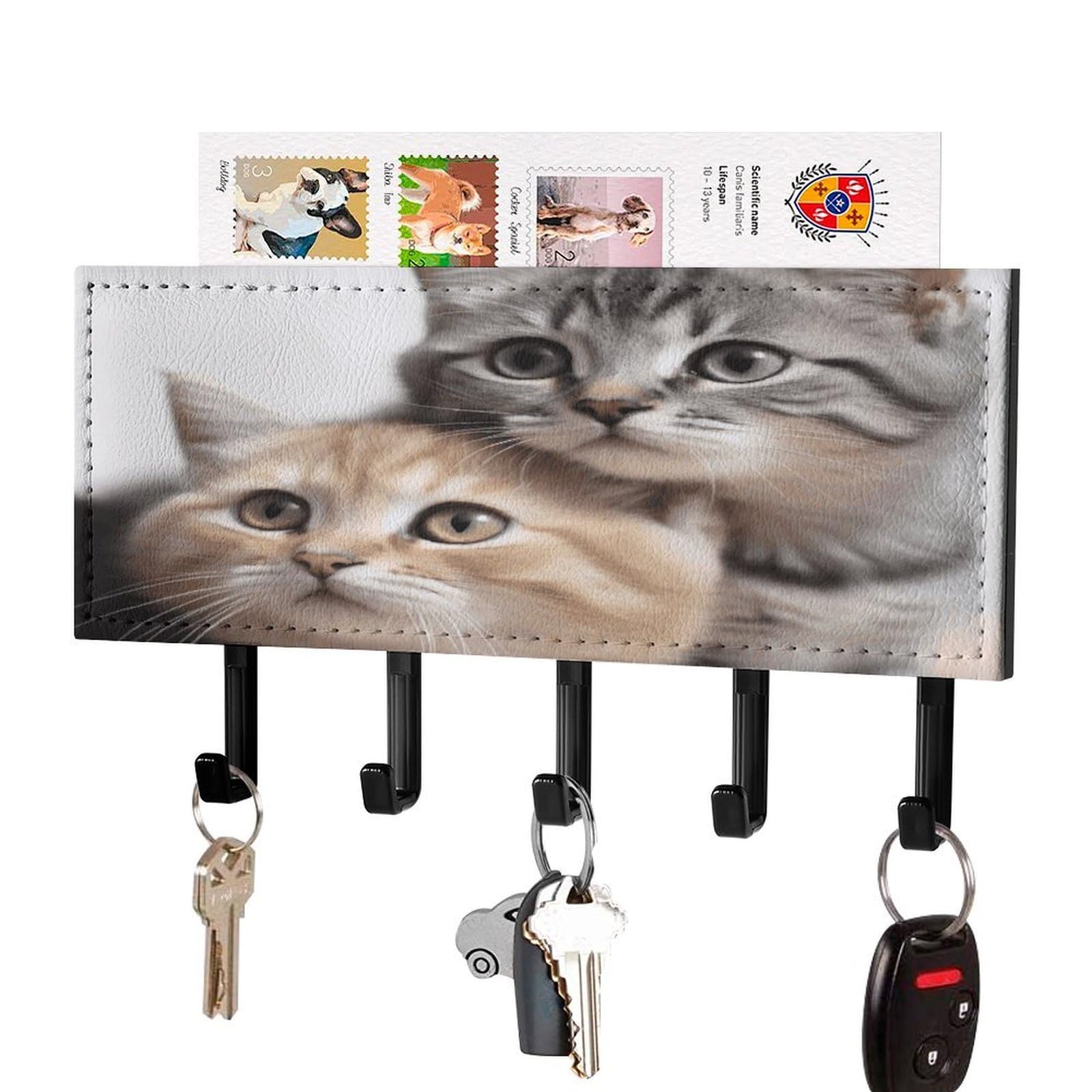 FekiLoot Cats Key Holder for Wall Decorative Mail Organizer with 5 Key Hook Self Adhesive Key Rack with Tray Coat Rack Wall Mount Key Hanger Decor for Entryway Door