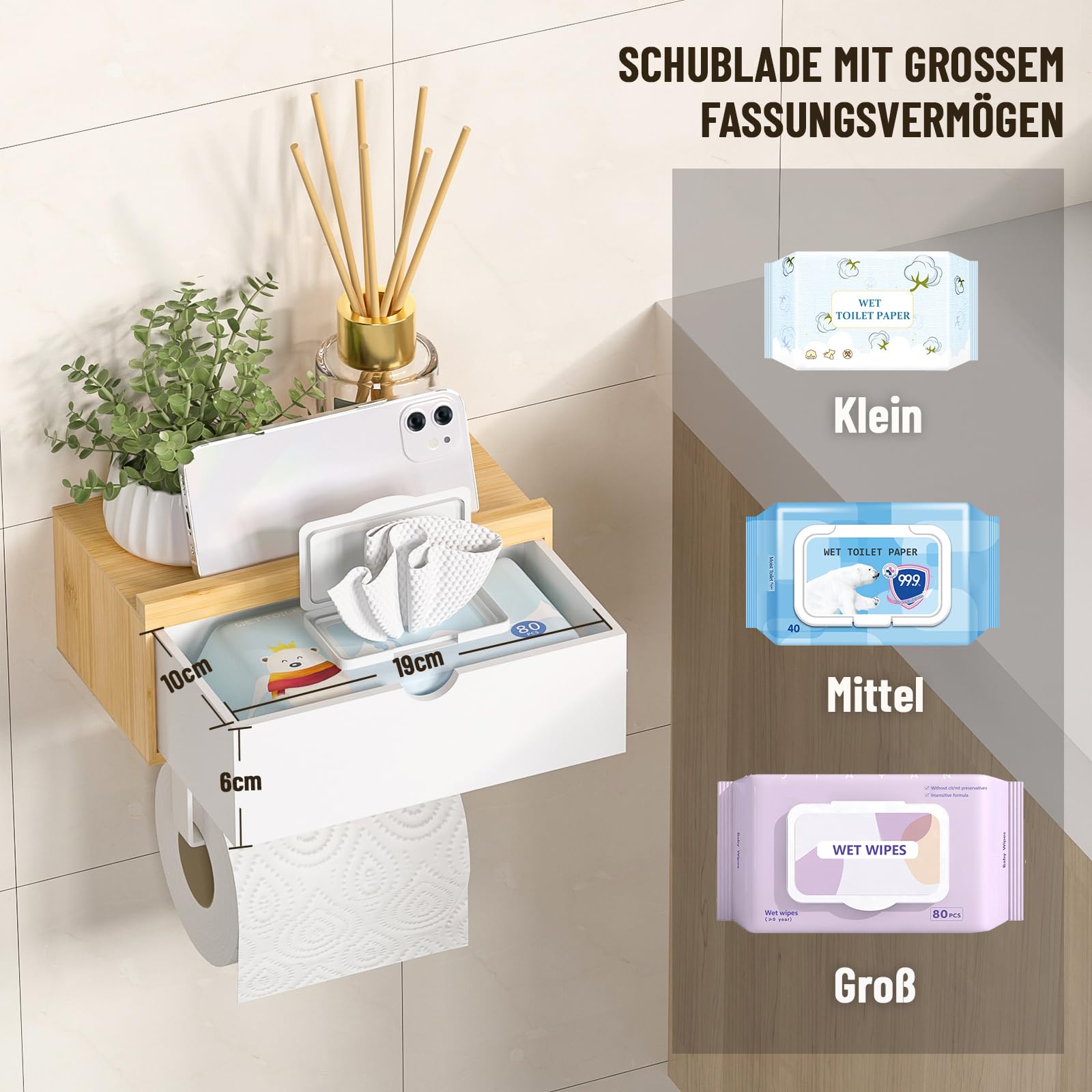 Toilettenpapierhalter Ohne Bohren, Klopapierhalter mit Feuchttücherbox Klorollenhalter mit Ablage Bambus Papier Halterung für WC Badezimmer, Selbstklebend or Bohren Natur