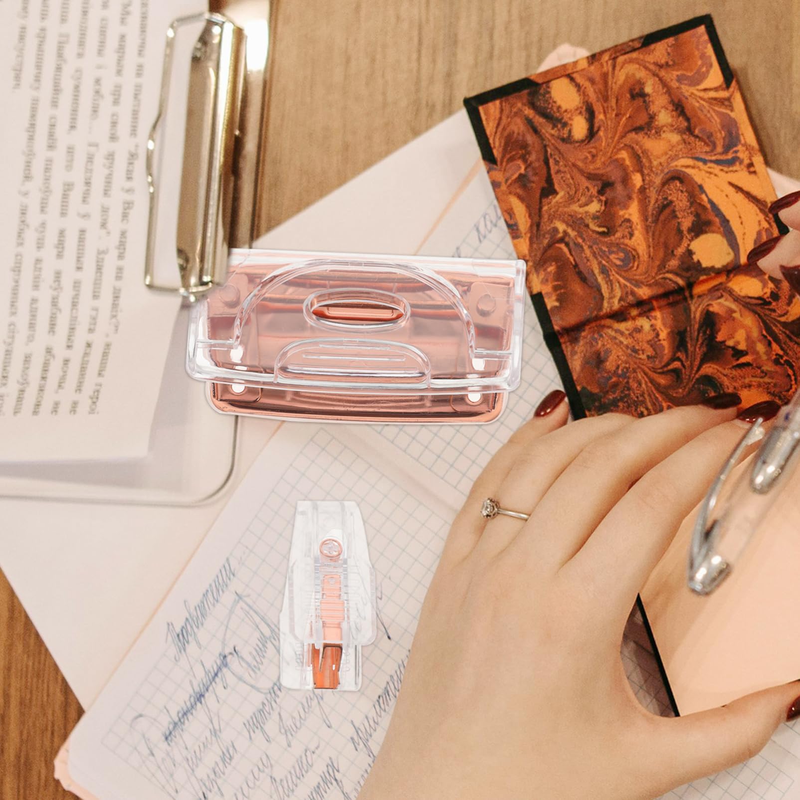 Lurrose 5 Sätze Transparentes Rosegoldenes Heftgerät Locher Tragbarer Heftklammerentferner Elegante Büroaccessoires für Effizientes Arbeiten
