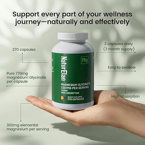 Miniatura 5 de Glicinato de magnesio 2307 mg, 270 cápsulas, suplementos de magnesio puro para aliviar el estrés, dormir, músculo, nervio, corazón y apoyo del