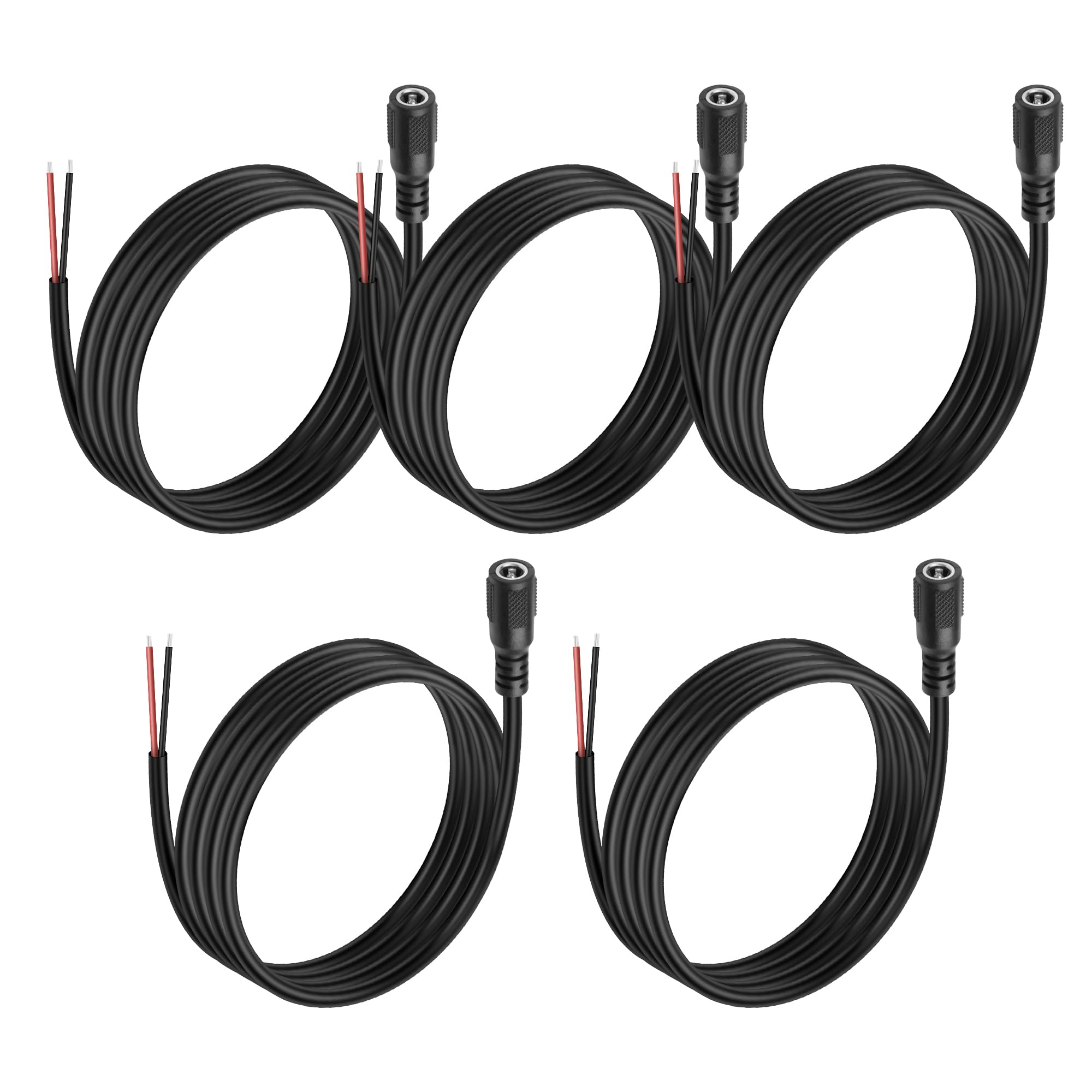 MEIRIYFA 5Pack DC 5.5mm x 2.5mm Female Plug to Bare Wire Open End Power Wire Supply 5521 Pigtail Repair Replacement Cable for CCTV Camera, DVR, LED