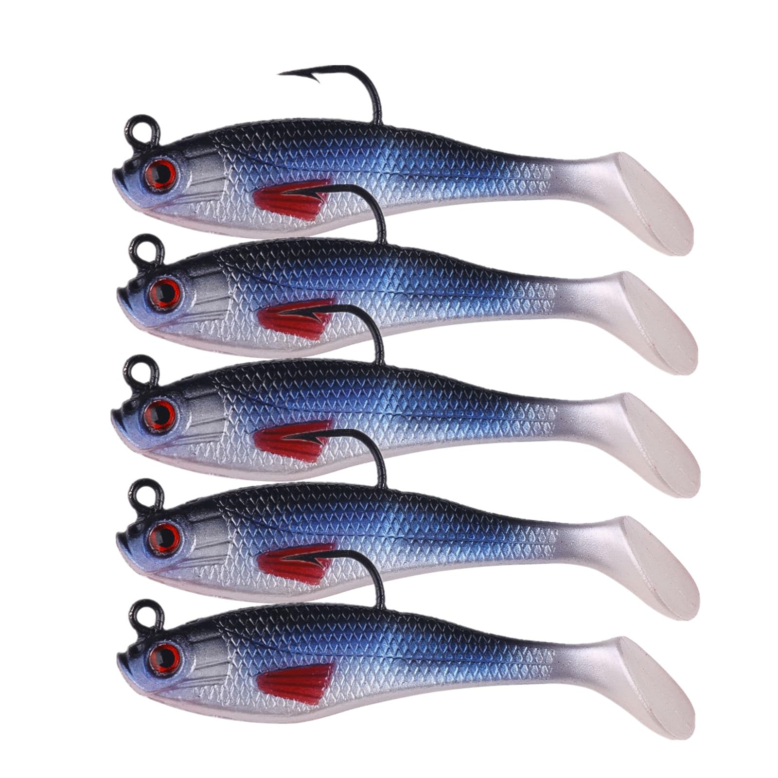 WUWYOUWL Fishing Lure Set, 5Pcs 8cm Soft Bait Head Sea Fish Lures Fishing Tackle Sharp Treble Hook T Tail Artificial Bait (Purple)