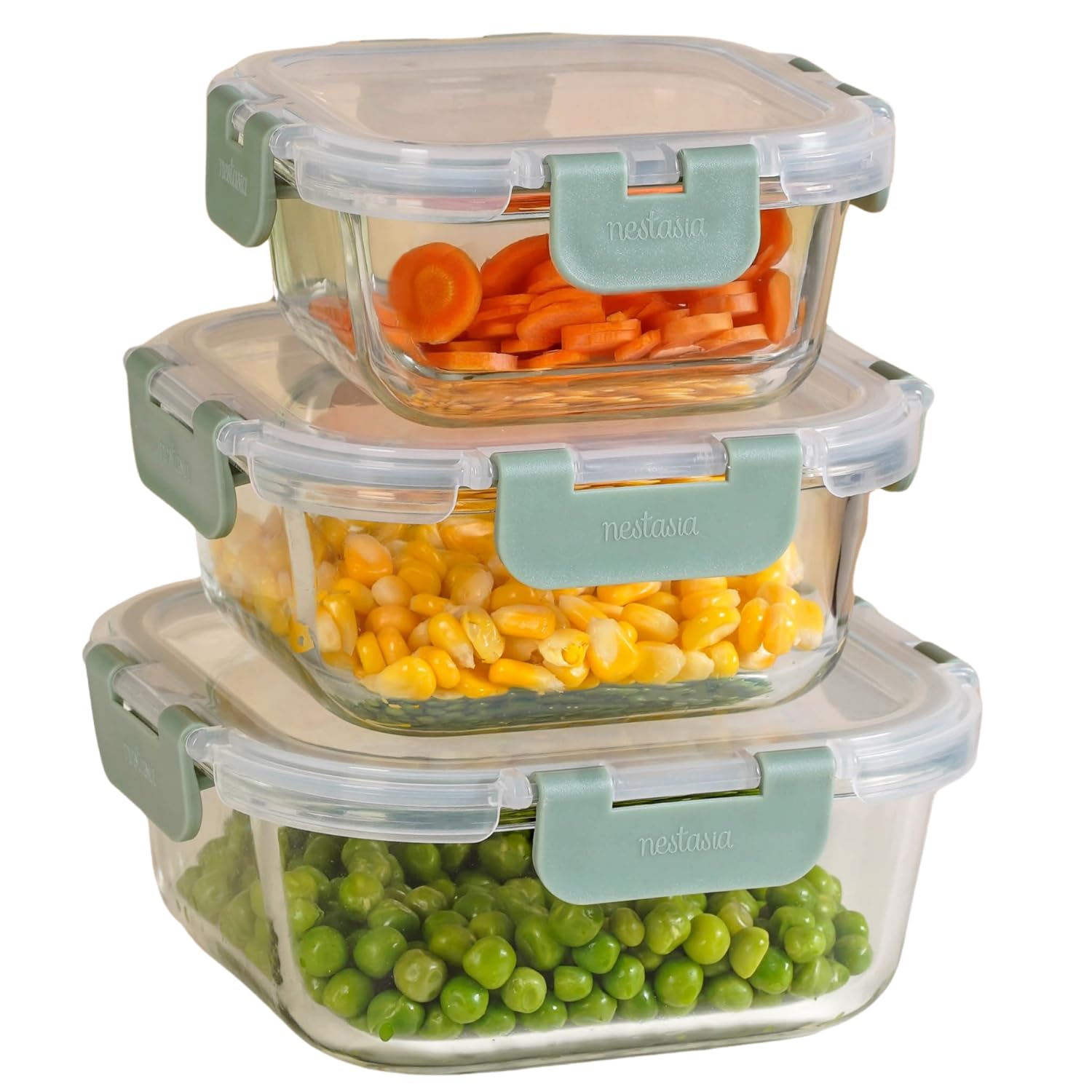 Nestasia Nestro Airtight Glass Containers with Lid Set of 3 (300ml, 500ml, 800ml) | Spill Proof Square Glass Containers with Break Free Lock - Microwave, Dishwasher & Freezer Safe (Green)