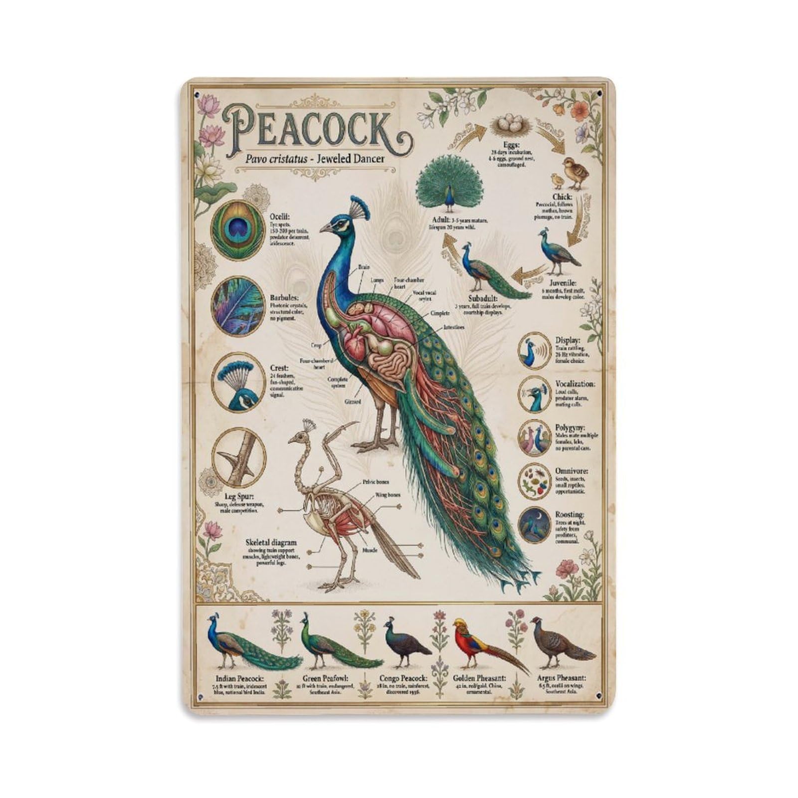 Vintage Wildlife Biology Kid Animal Guide Peacock Anatomy Metal Tin Sign Plaque Wall Decor for Cafe, Man Cave, Club Bar, Office, Home Garden Round Metal Poster 8x12Inch