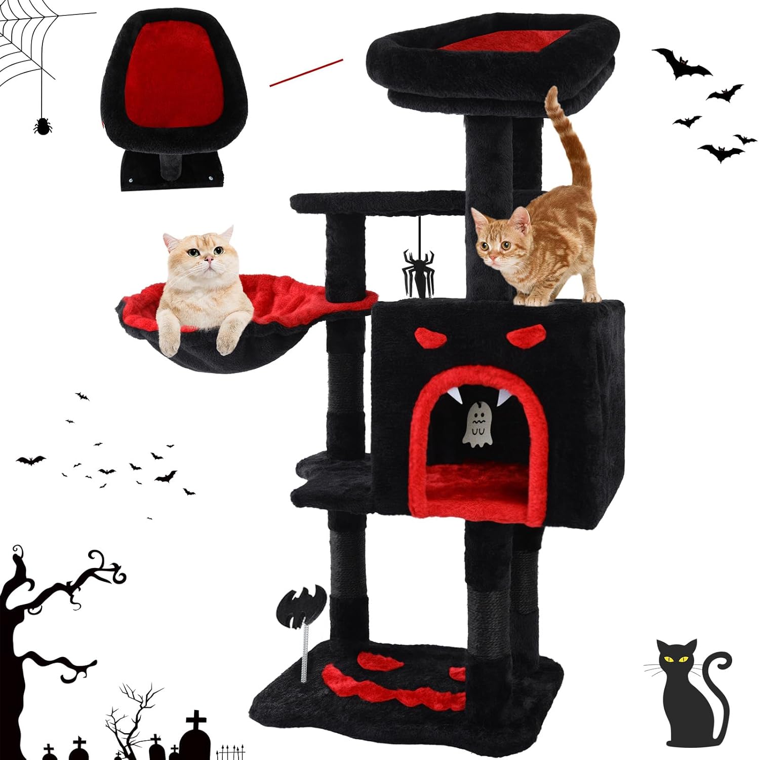 Gothic Cat Tree for Indoor Cats Large Adult, 40.5" Goth Cat Trees Tower with Coffin Cat Bed,Scratching Post,Cat Condo,Cat Furniture Towers with Hammock, Tall Black Cat Tree with Halloween Hanging Toys Black and Red