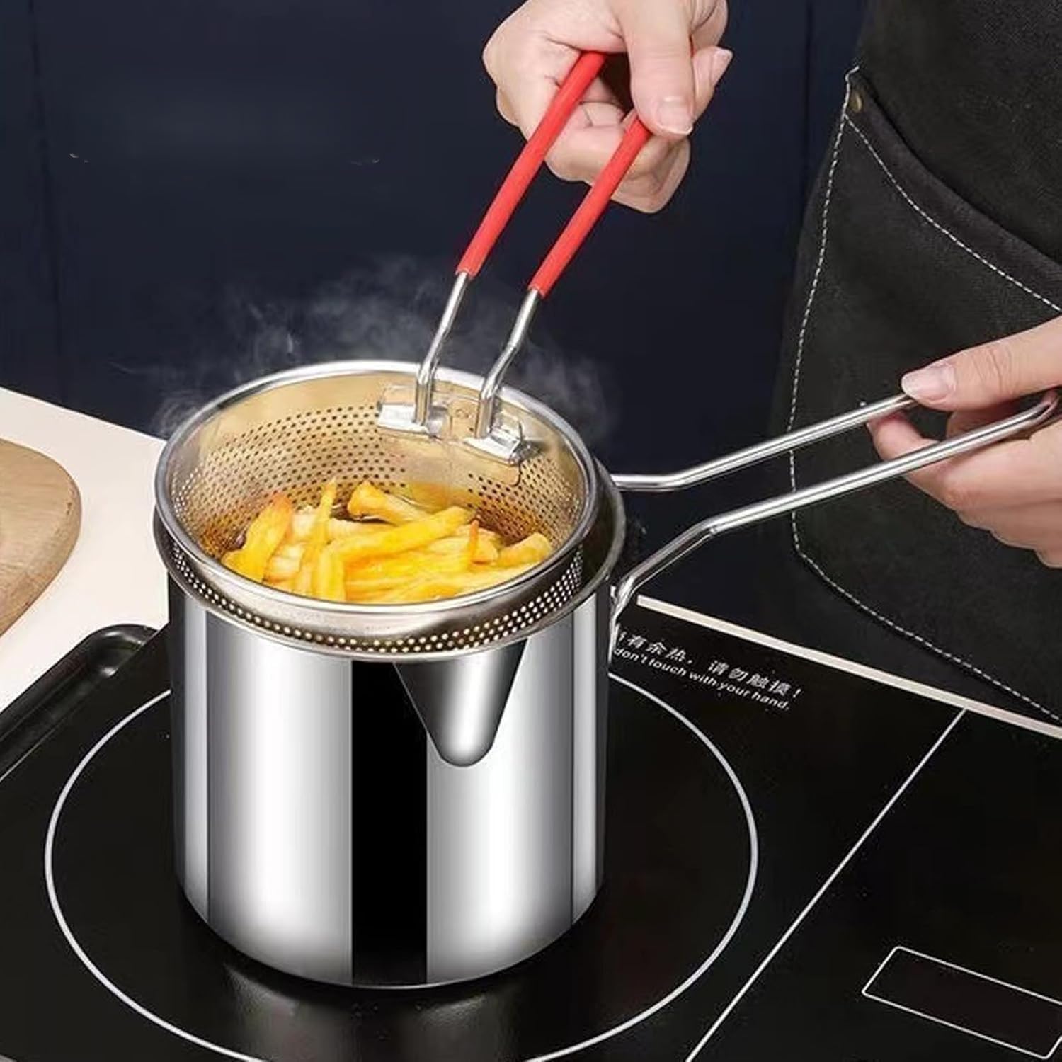 Kimbatex Kitchen Juego de Olla y Cesta Freidora Mini de Acero Inoxidable, 12 cm, Asas de Silicona Rojas, 2 en 1