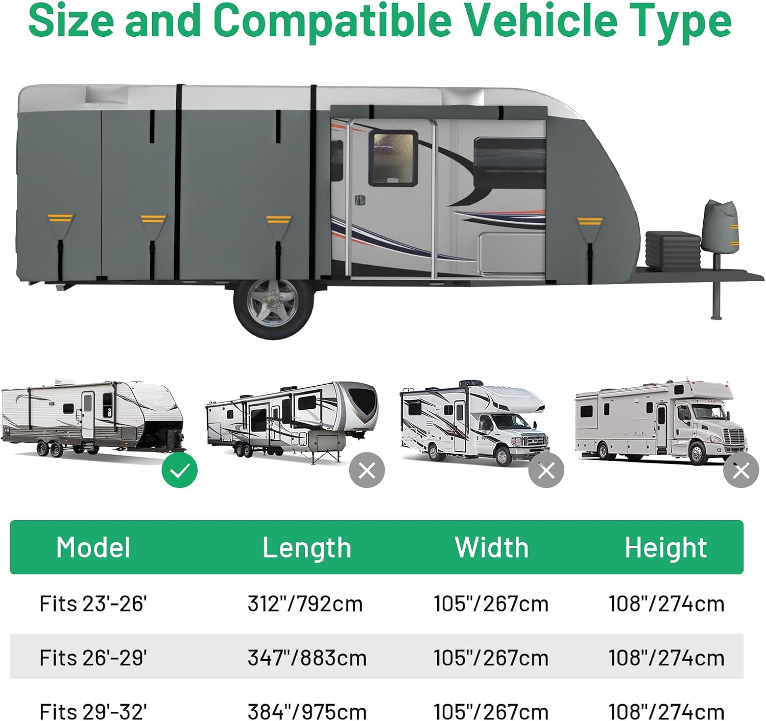 Favoto Travel Trailer RV Cover Waterproof - 420D Oxford Heavy Duty Windproof 26'-29' Camper Cover Snow Rain Sun Dust Outdoor Protection (with Zipper Door Tire Cover)