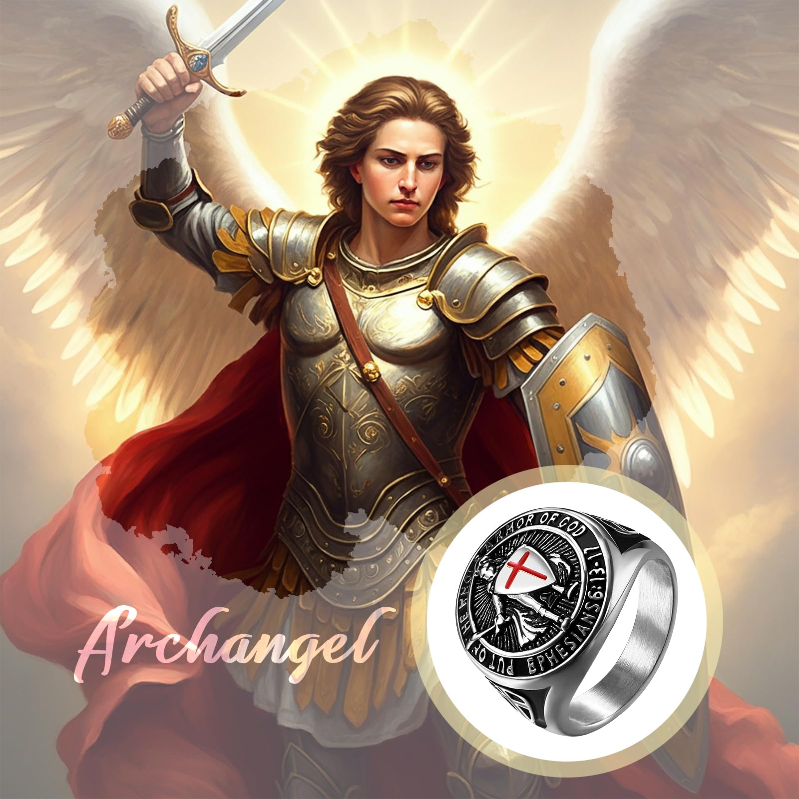 Flongo Bague Homme Chevalière Saint-Michel: Bague Chevalière Acier Inoxydable avec Inscription et Bouclier Style Biker Motard Amulette Protectrice Bijoux Religieux - Cadeau Homme Anniveraire