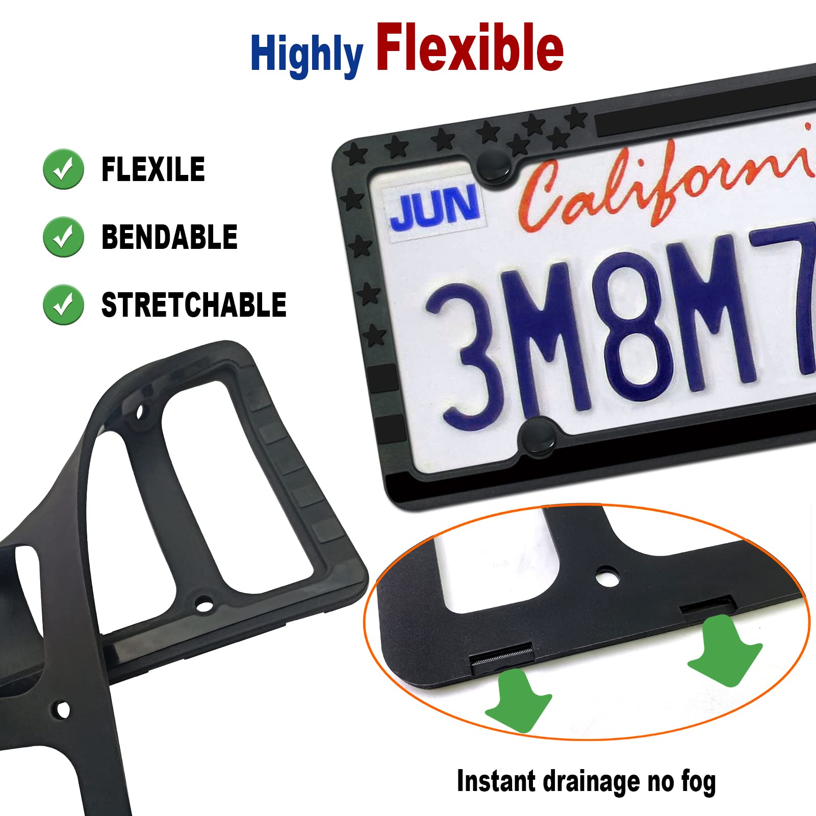 Cornice per targa in silicone con bandiera americana, a prova di ruggine, patriottica lucida degli Stati Uniti con stelle e strisce, copertura nera per portabagagli auto, confezione da 2