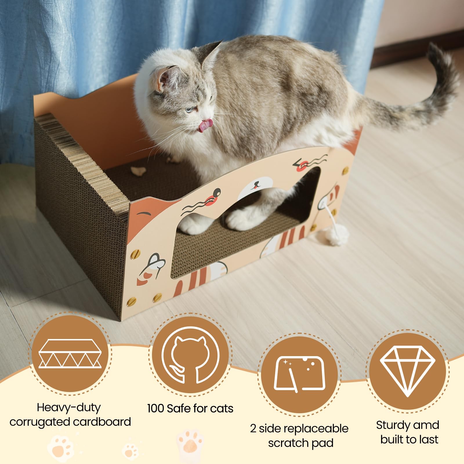 YEMOO Large Heavy Duty Cardboard Cat Scratcher Box and Cat Bed with Refillable Scratch Pad - Perfect for Indoor Cats - Cozy and Durable