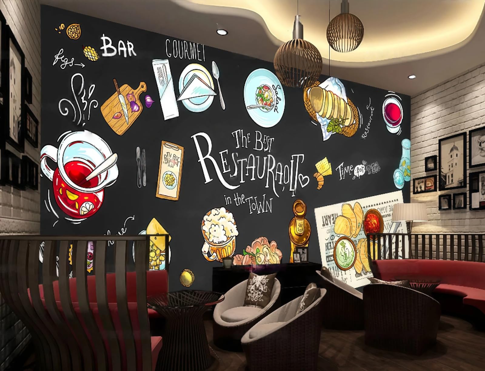 rskjdghshd Wallpaper Retro Blackboard Hand-Painted Food Catering Bread Dessert Afternoon Tea Background Wall Western Restaurant Wallpaper Cafe Mural,3D,250x175cm