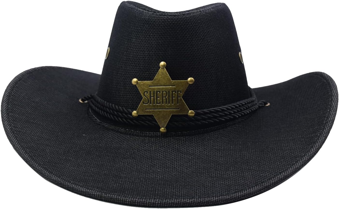Cowboy Hat Wide Brim Travel Cap Western Cowgirl Hat Outdoor Sun Protect with Badge - Image 3