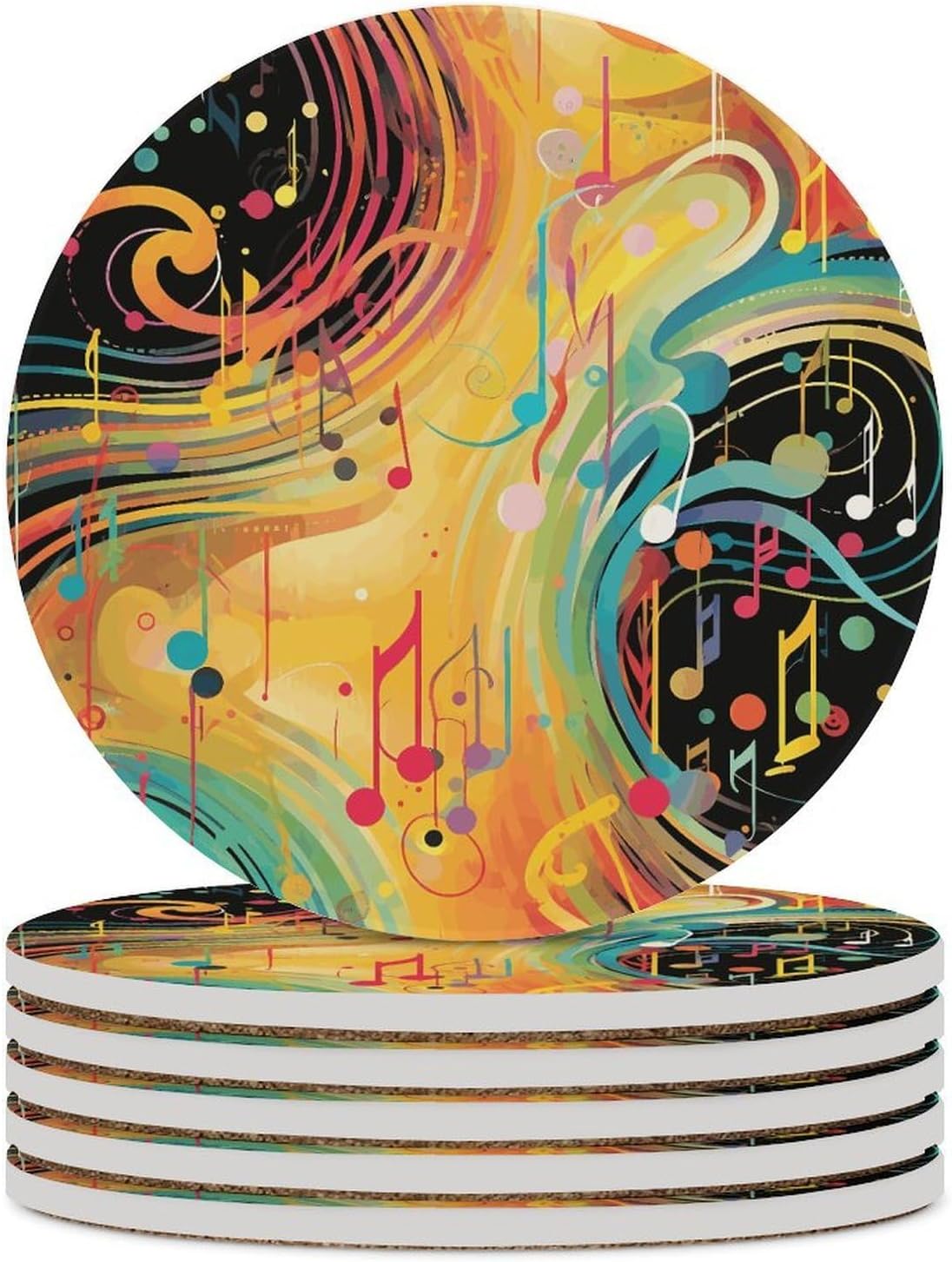 6PCS Abstract Music Themed Coasters Non-Slip Round Drink Coasters with Ceramic Stone and Cork Base, Heat Resistant Absorbent 33.00Stone Coaster Set for Kinds of Mugs and Cups, 4 Inch